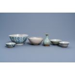 Five blue and white and celadon-glazed bowls and a vase, China and Southeast Asia, Ming and later