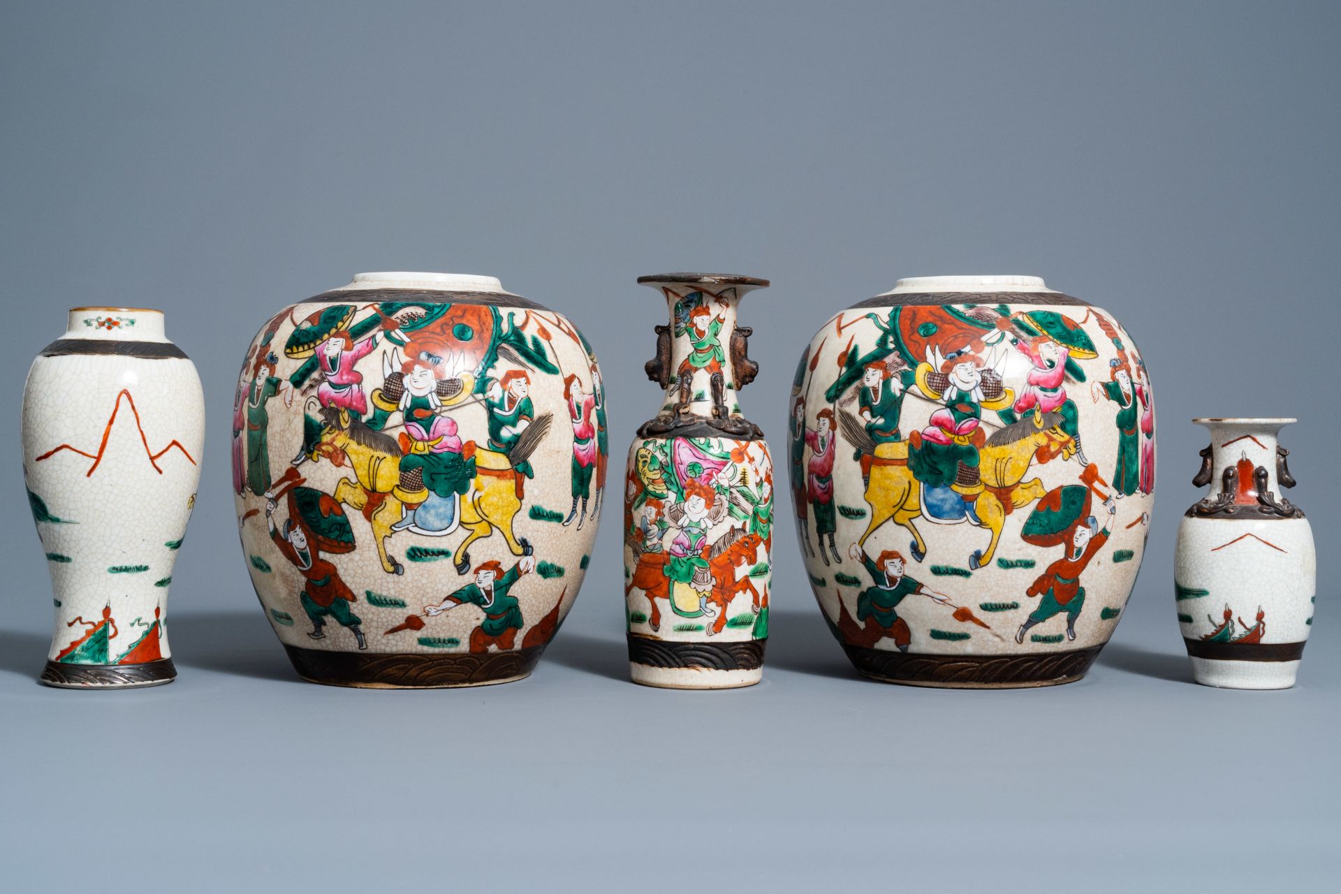 Three Chinese Nanking crackle glazed famille rose vases and a pair of ginger jars with warrior scene - Image 5 of 8