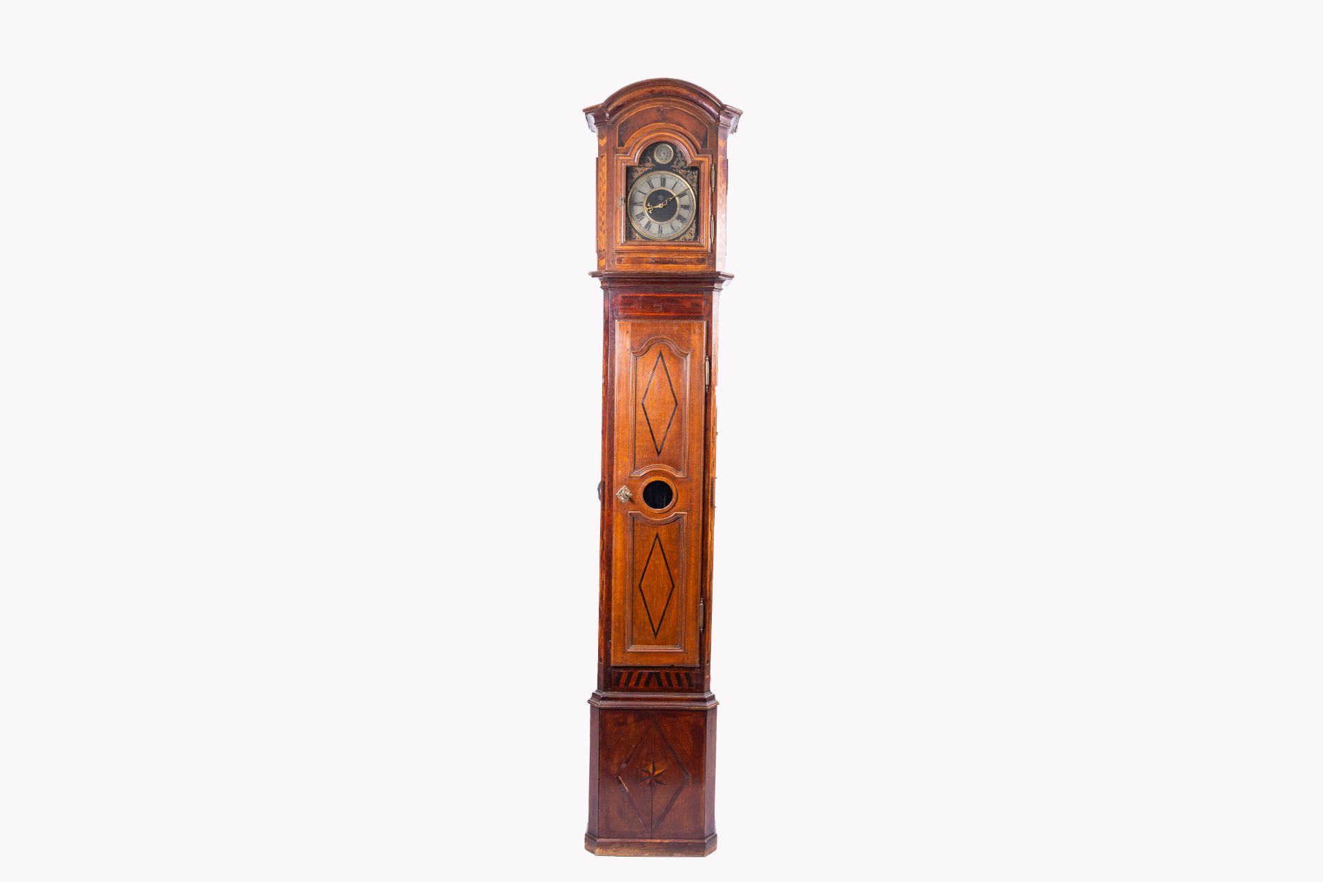 A large French wood longcase clock with various wood inlays, 19th C. - Image 3 of 11