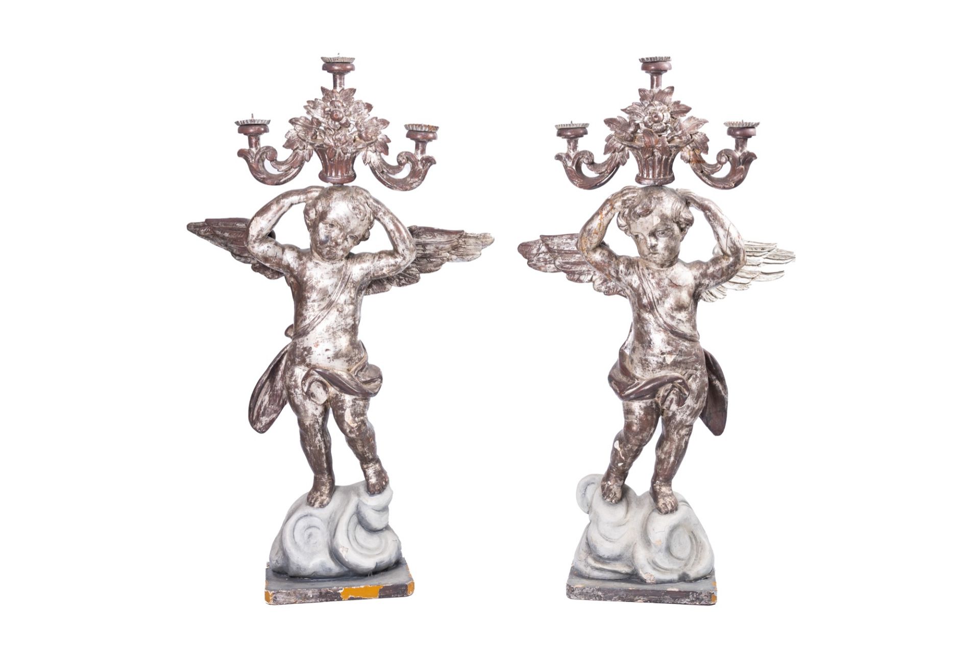 A pair of imposing Italian carved, polychrome painted and silver-plated wood angel shaped candlestic - Image 3 of 17