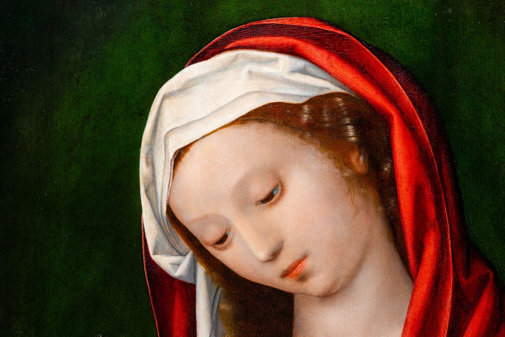 Bruges school: Maria Lactans, oil on panel, mid 16th C. - Image 6 of 12