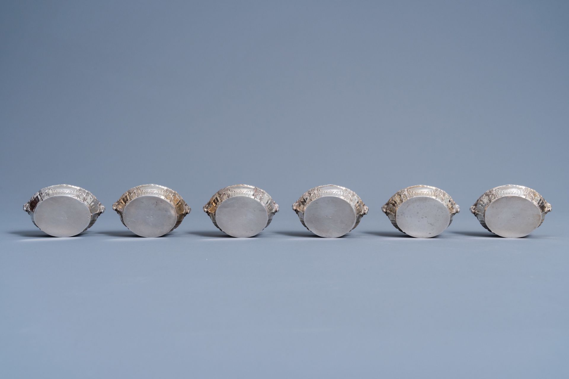Six silver Louis XVI style salts with spoon with matching 'Wolfers Frres' case, 950/000, maker's ma - Image 16 of 20