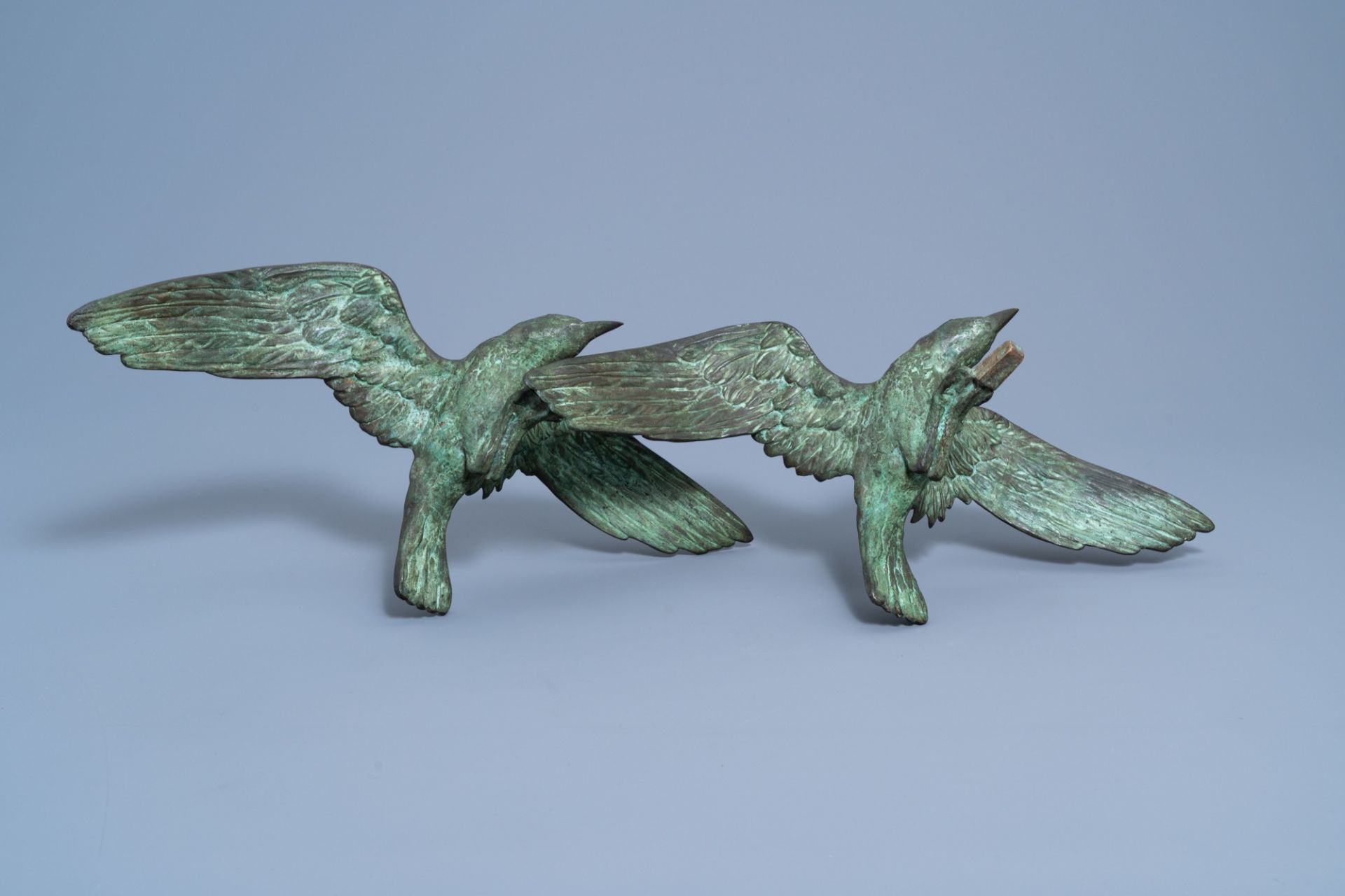 E. Tissot (20th C.): 'Mouettes', green patinated bronze on a black marble base - Image 11 of 18