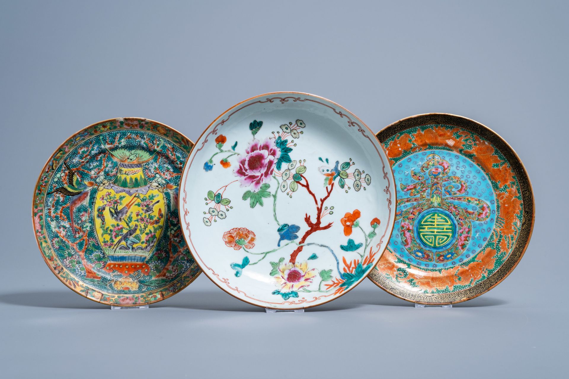 Three various Chinese famille rose plates, 18th/19th C. - Image 2 of 4