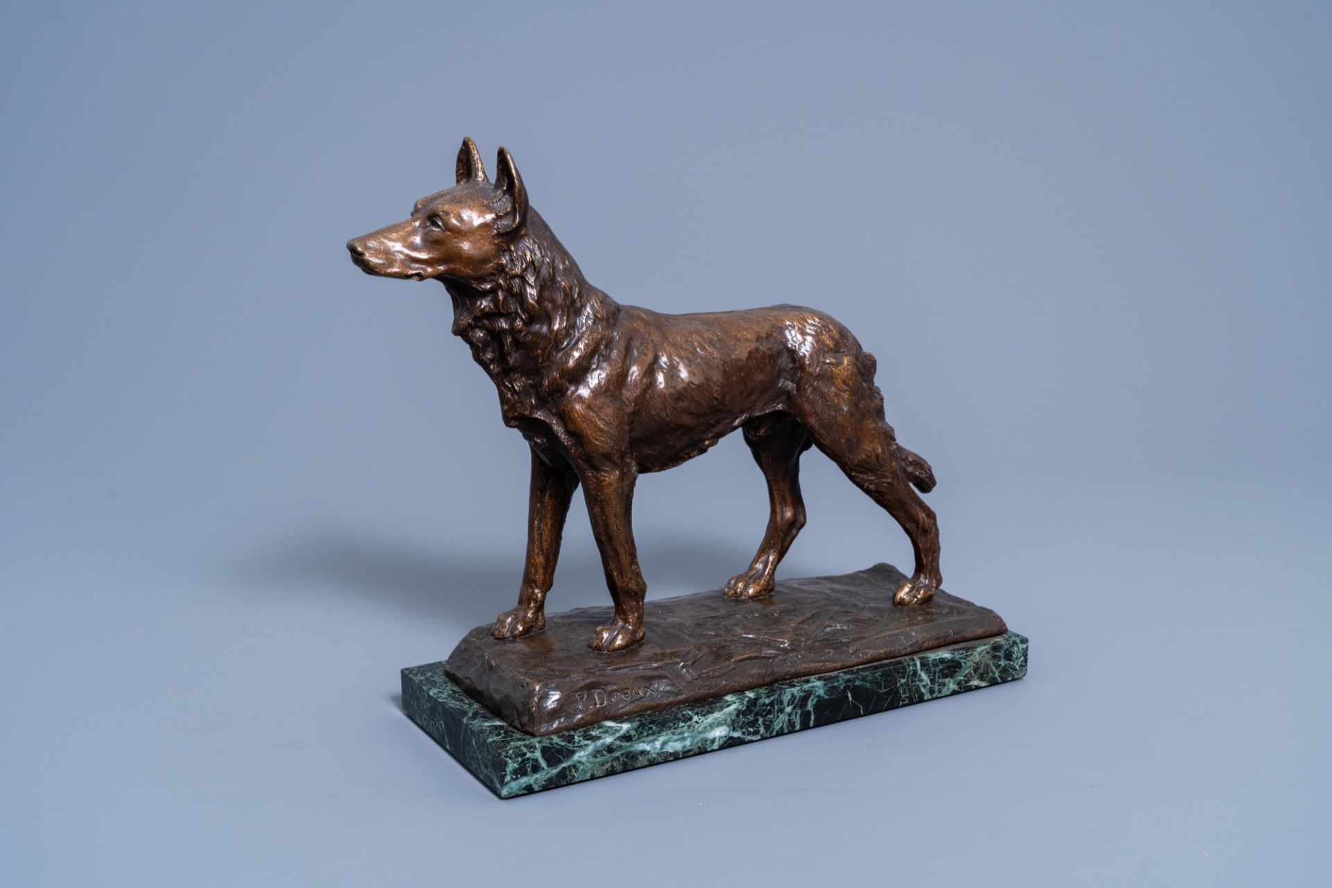 Paul ƒdouard Dreux (1855-1947): A sheepdog, brown patinated bronze on a vert de mer marble base