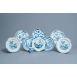 Eight Chinese blue and white plates and a cup with floral design, Kangxi/Qianlong