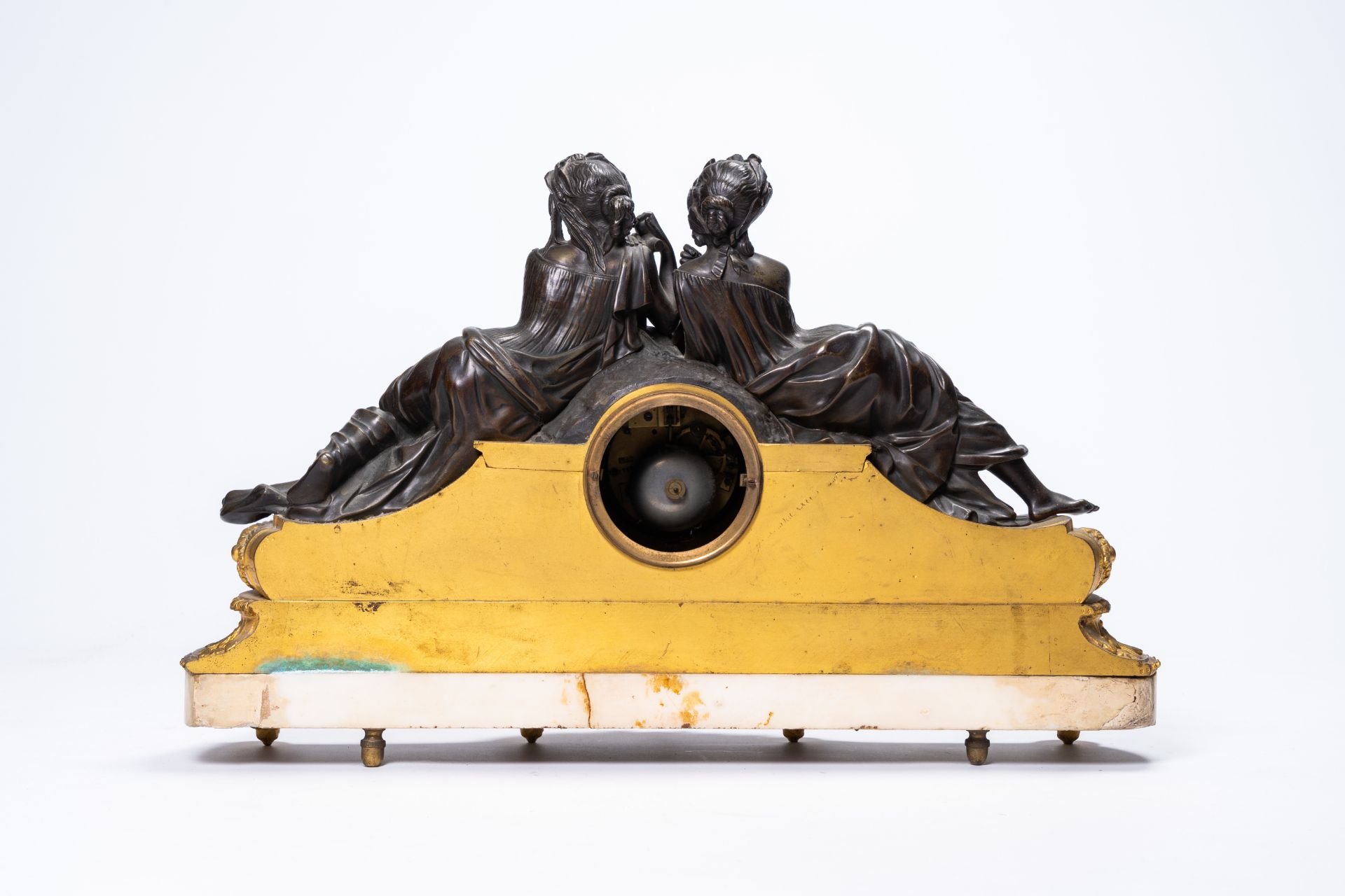 A French gilt and patinated bronze and white marble mantel clock with the sources of life, 19th C. - Image 5 of 13
