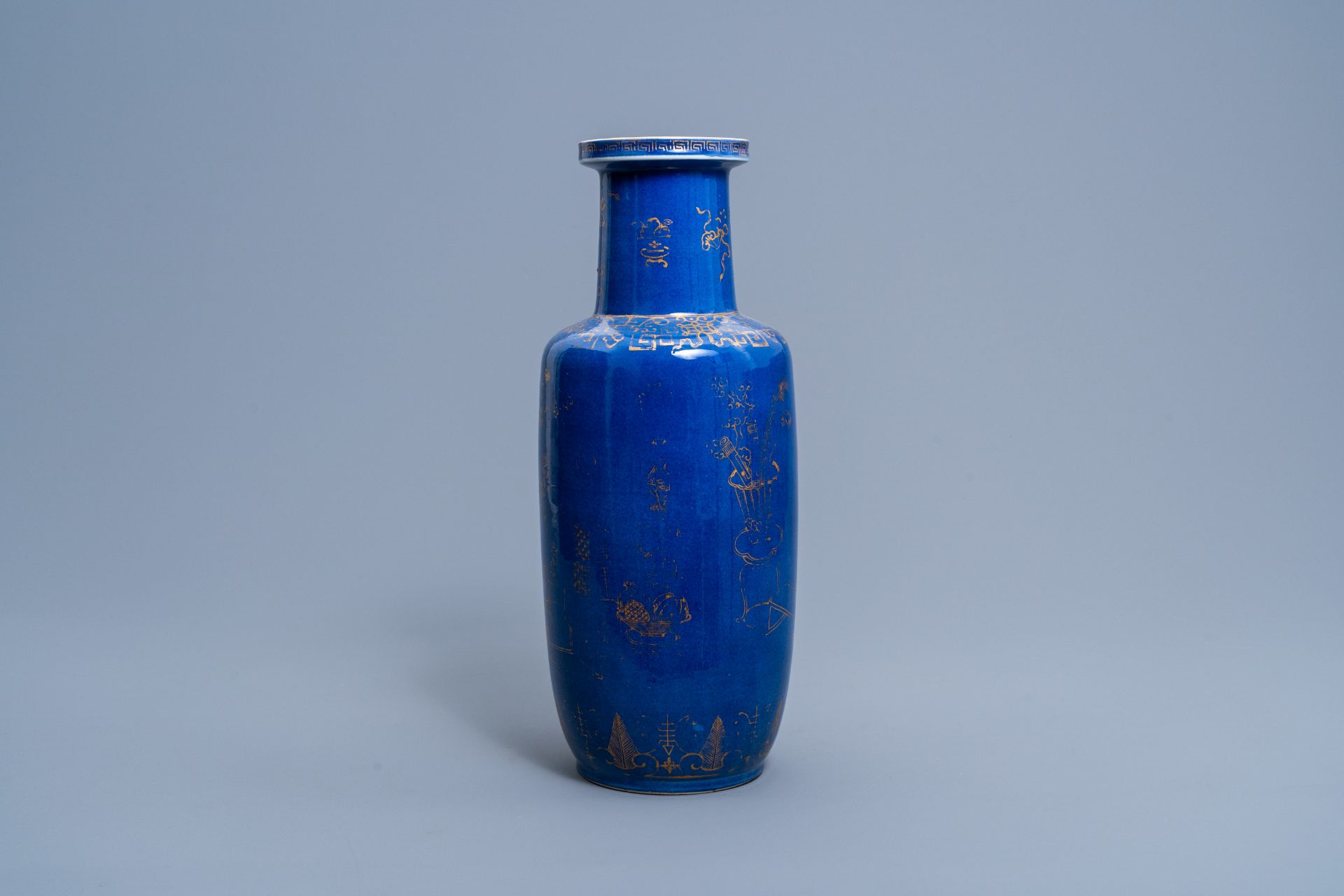 A Chinese powder blue and gilt 'antiquities' vase, 19th C. - Image 3 of 6