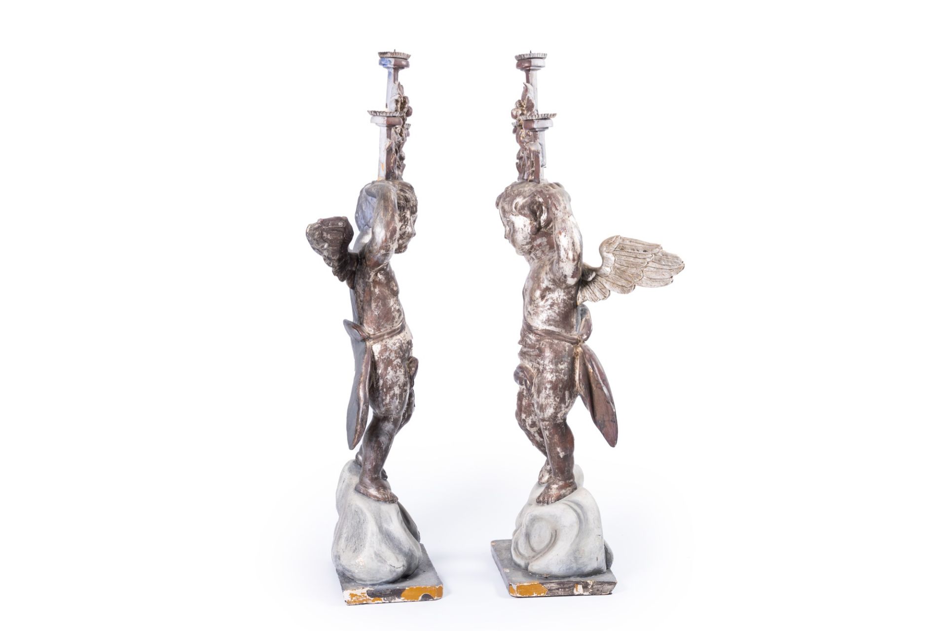 A pair of imposing Italian carved, polychrome painted and silver-plated wood angel shaped candlestic - Image 6 of 17