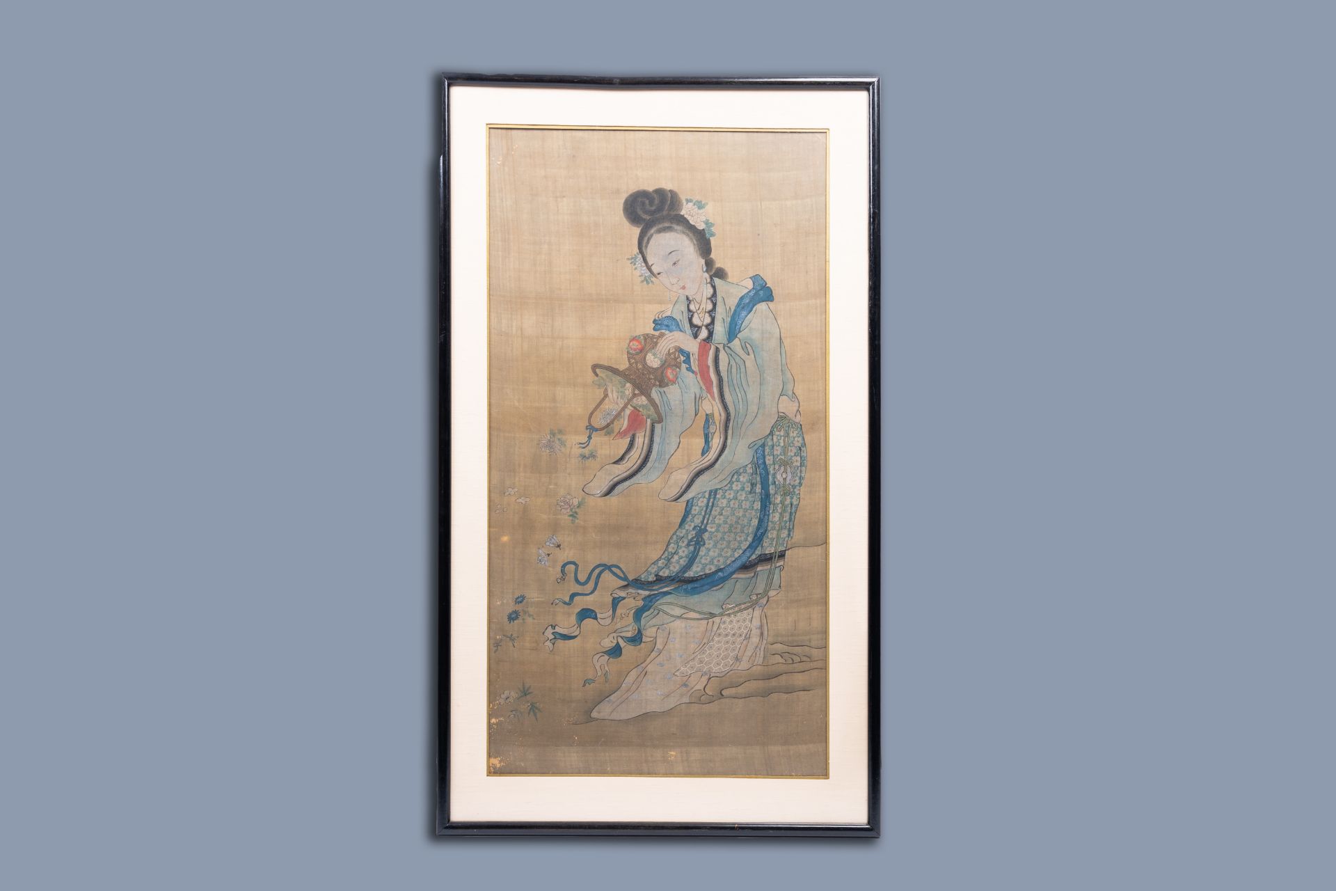 Chinese school: Magu with a flower basket, ink and colours on silk, 19th C. - Image 2 of 3