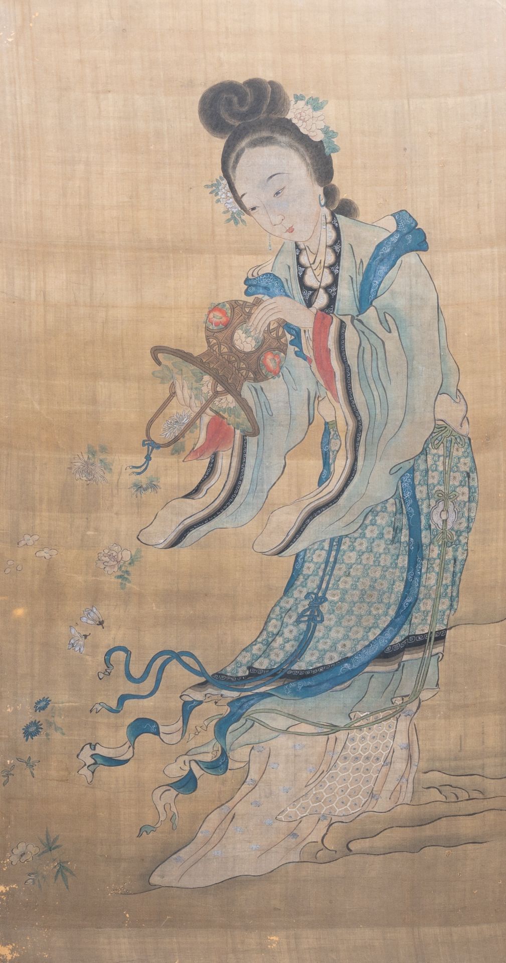 Chinese school: Magu with a flower basket, ink and colours on silk, 19th C.