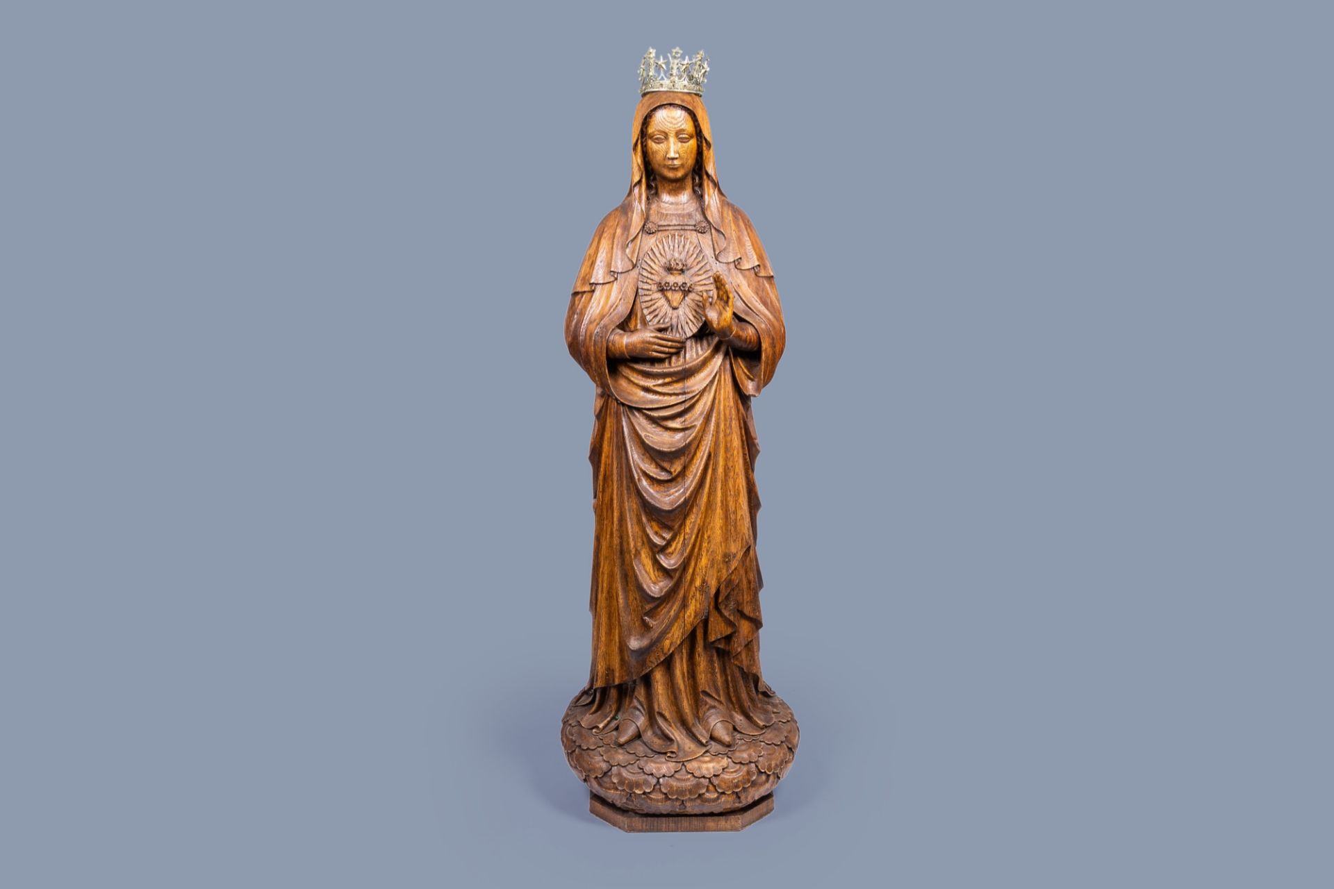 Belgian school, monogrammed D.B or C.B.: The Immaculate Heart of Mary, oak wood, dated 1906