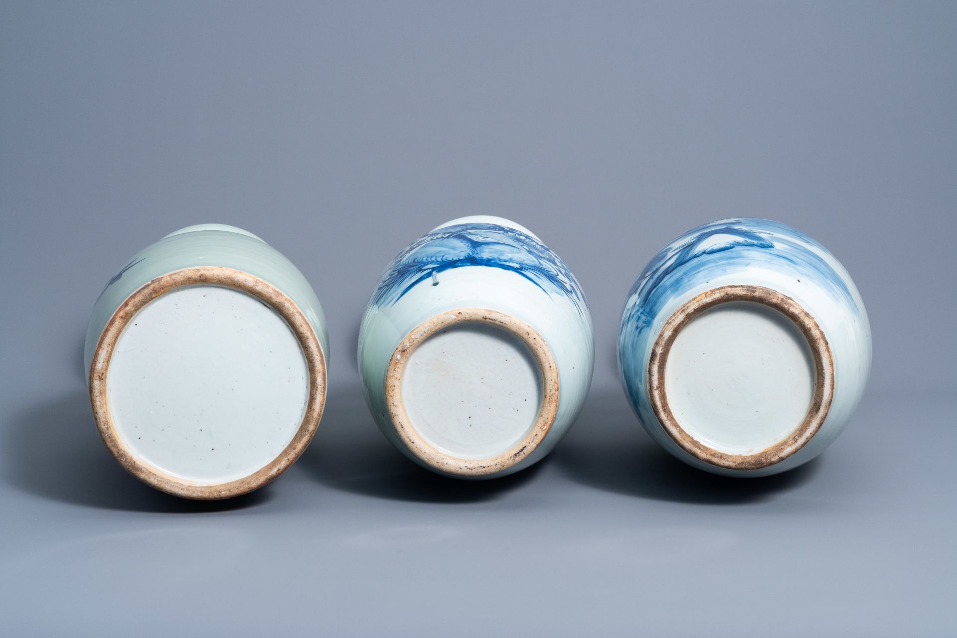 Three Chinese blue and white celadon ground vases with birds among blossoming branches and an animat - Bild 6 aus 7