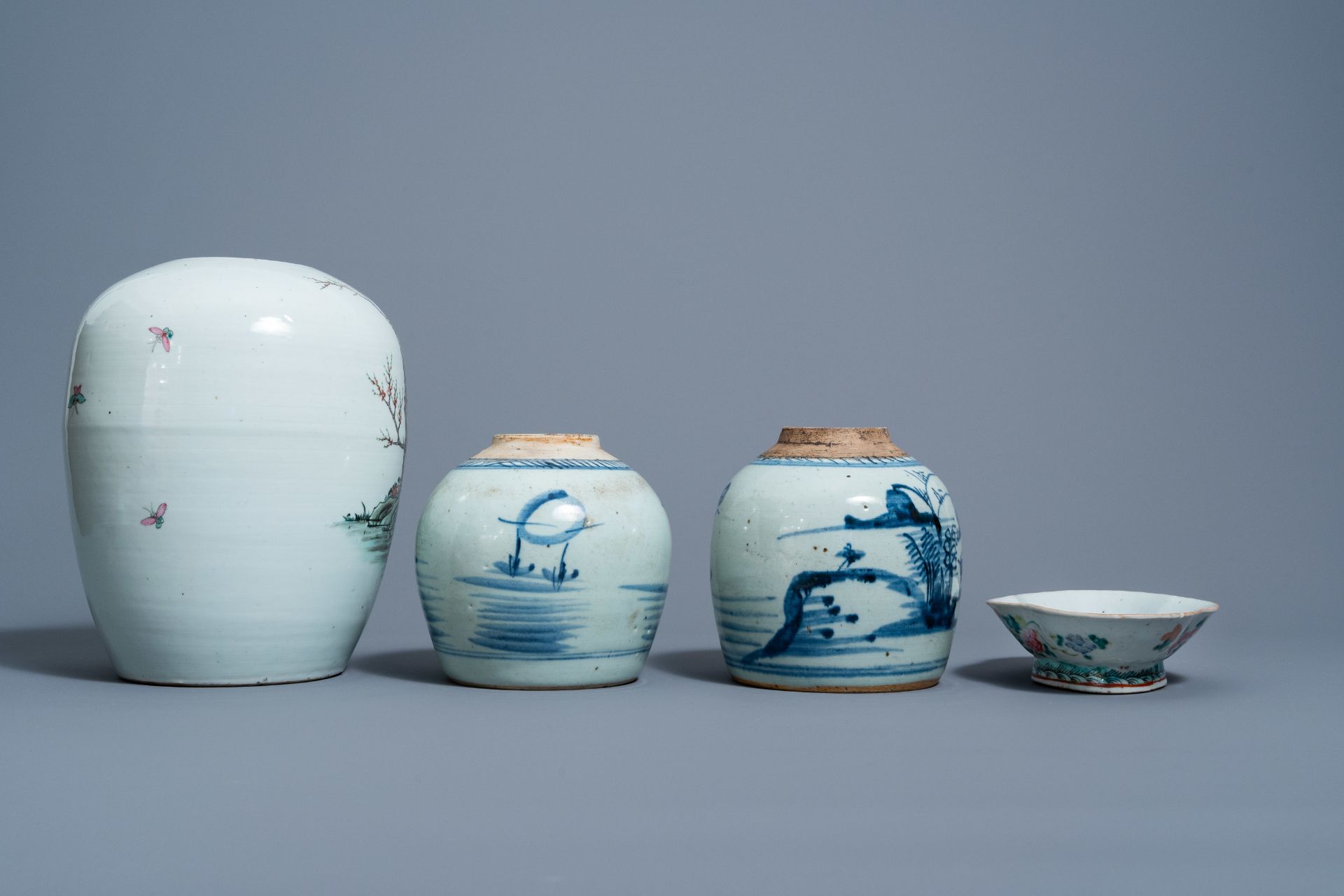 Two Chinese blue and white jars with landscapes, a famille rose ginger jar and a lobed bowl with flo - Image 5 of 7