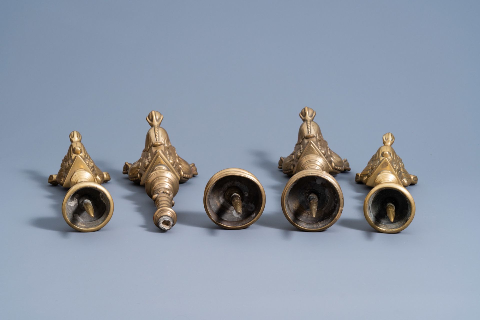 Two pairs of bronze pricket candlesticks, Flanders or The Netherlands, 17th C. - Image 6 of 7