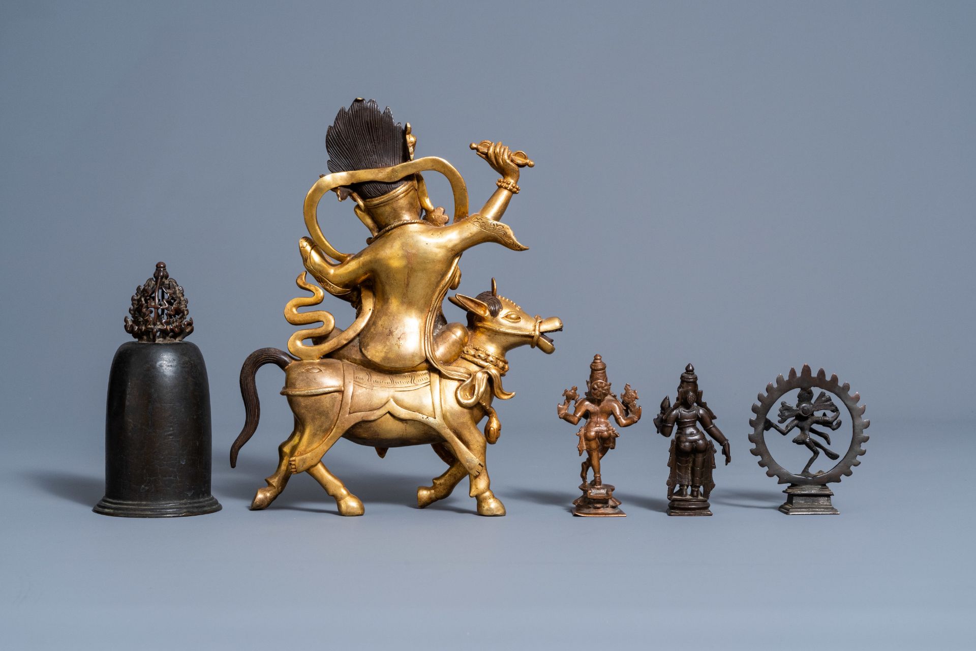 A Sino-Tibetan gilt bronze figure of Mahakala on horseback, a bronze bell and three various Indian s - Image 4 of 7