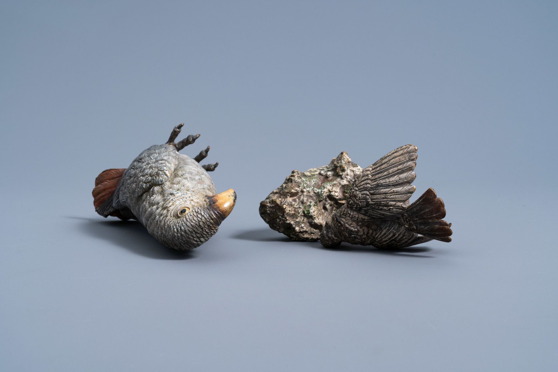 A Viennese polychrome cold painted bronze figure of an African grey parrot and a bird on a rock, 19t - Image 6 of 8