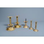 One bronze and two pairs of brass candlesticks, Western-Europe, 17th/19th C.