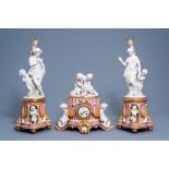 An English Minton gilt and 'Rose Pompadour' porcelain and biscuit three-piece clock garniture with a