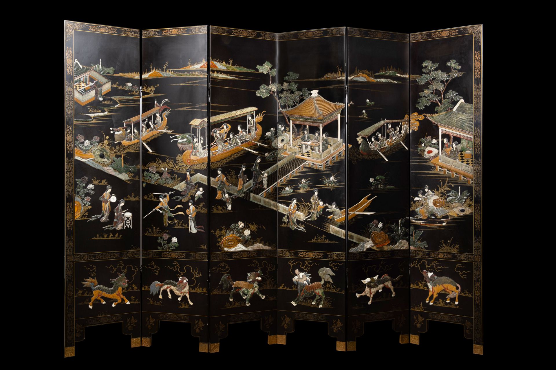 A Chinese six-part folding screen inlaid with bone, mother-of-pearl and various semi-precious stones - Image 3 of 14