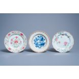 Two Chinese famille rose plates and a blue and white bianco sopra bianco plate with floral design, Q