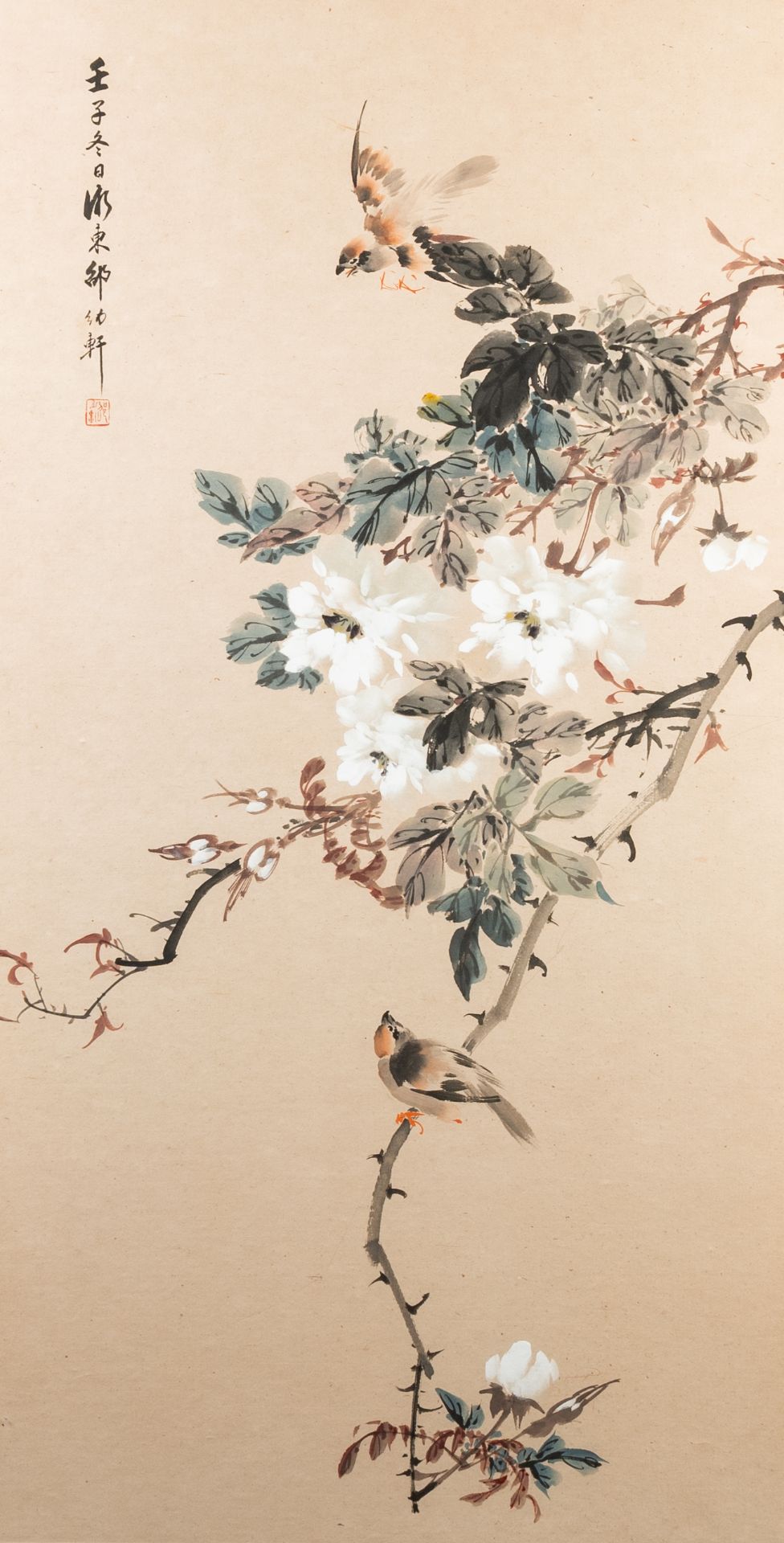 Chinese school: Birds among blossoming branches, ink and colours on paper, 20th C.