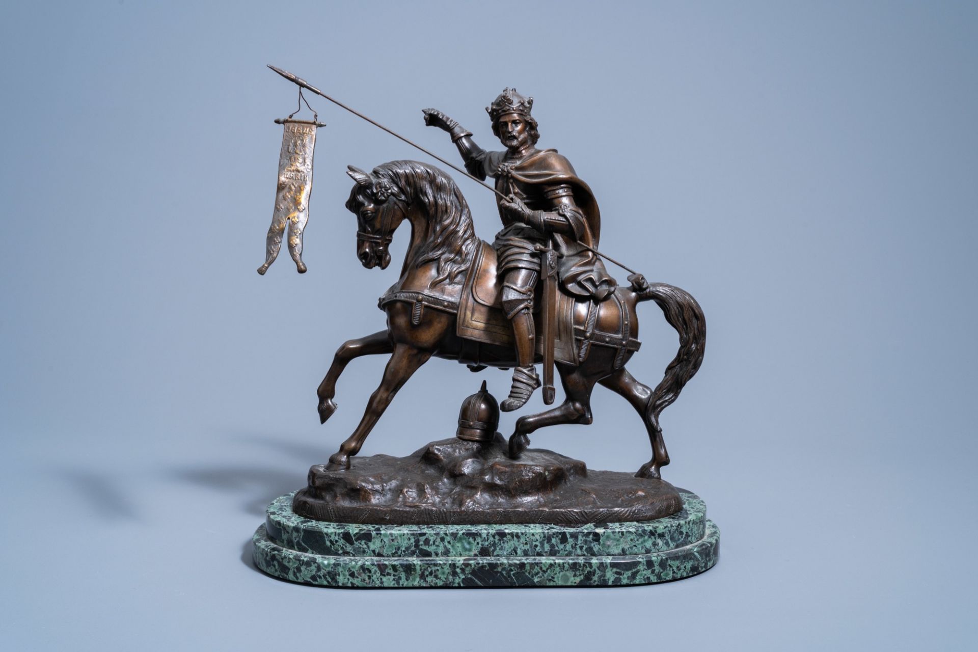 French school: Crusader on horseback, most probably Godfrey of Bouillon, brown patinated bronze on a