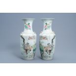 A pair of Chinese qianjiang cai vases with figures and a buffalo in a landscape, 20th C.