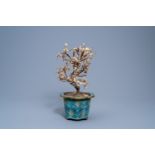 A Chinese gemstone tree in a lobed cloisonnŽ jardinire with floral design, 20th C.