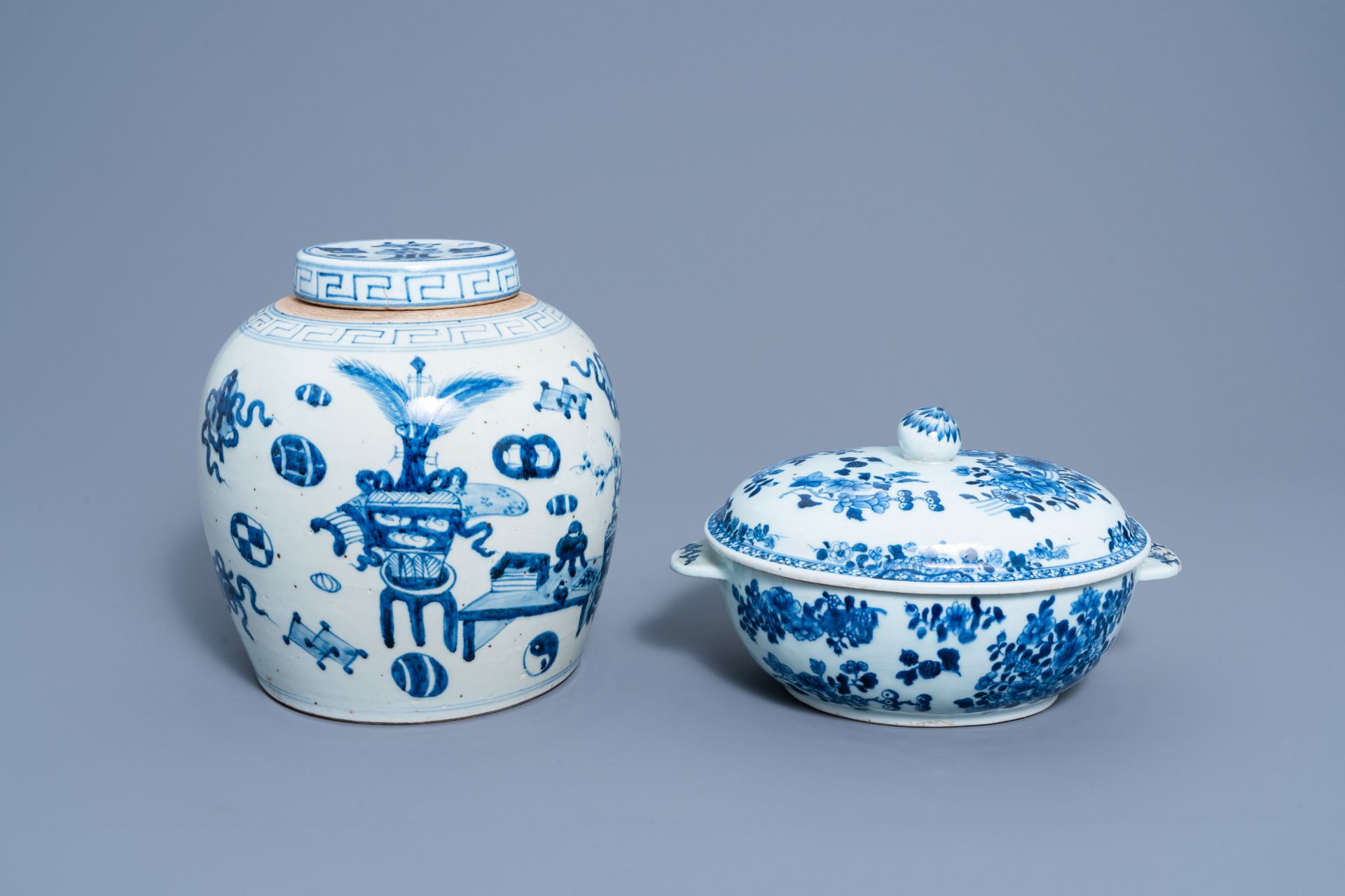 A Chinese blue and white 'antiquities' jar and cover and a tureen and cover with floral design, Qian