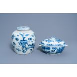 A Chinese blue and white 'antiquities' jar and cover and a tureen and cover with floral design, Qian