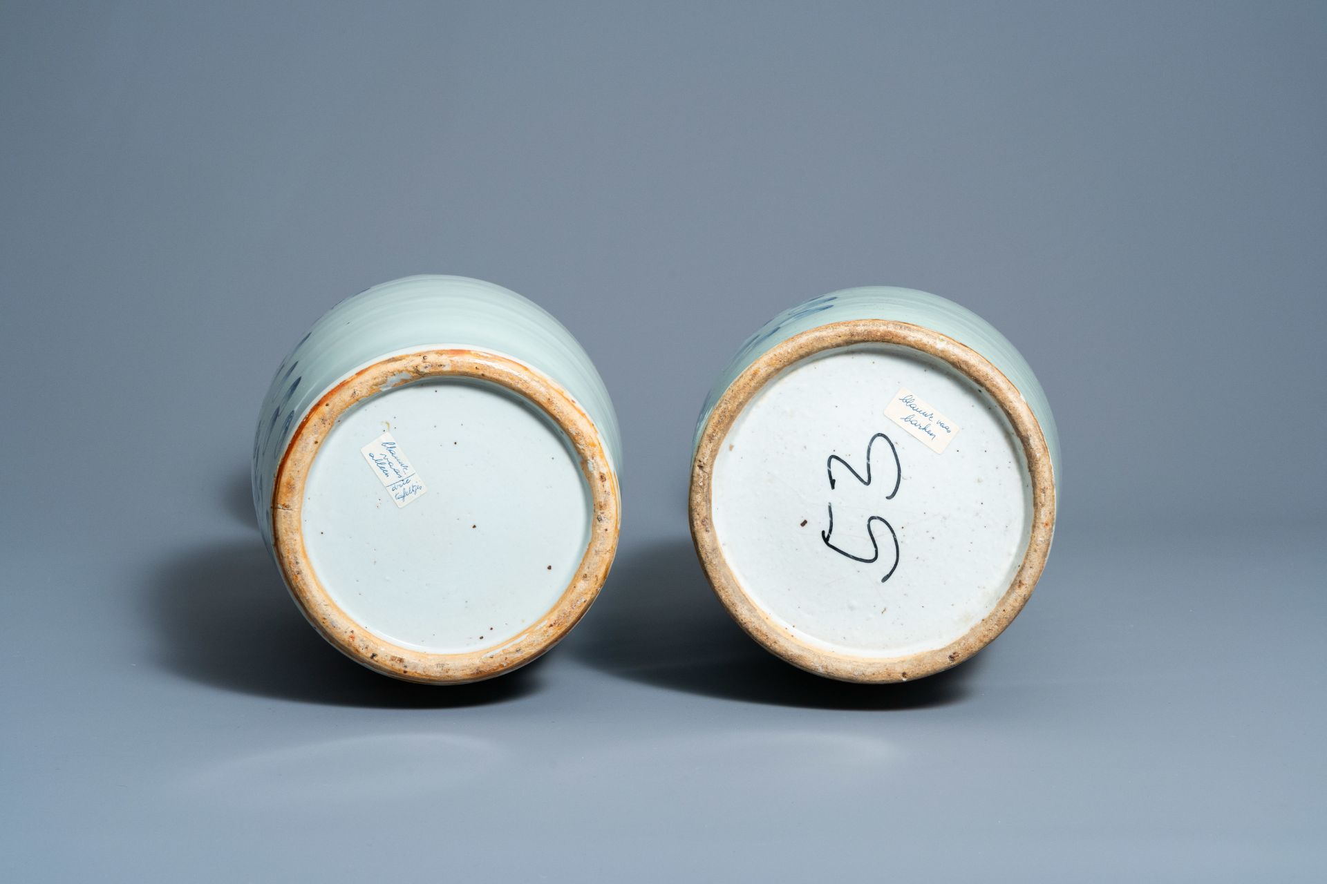 Two Chinese blue and white celadon ground vases with figures in a landscape, 19th C. - Image 6 of 6