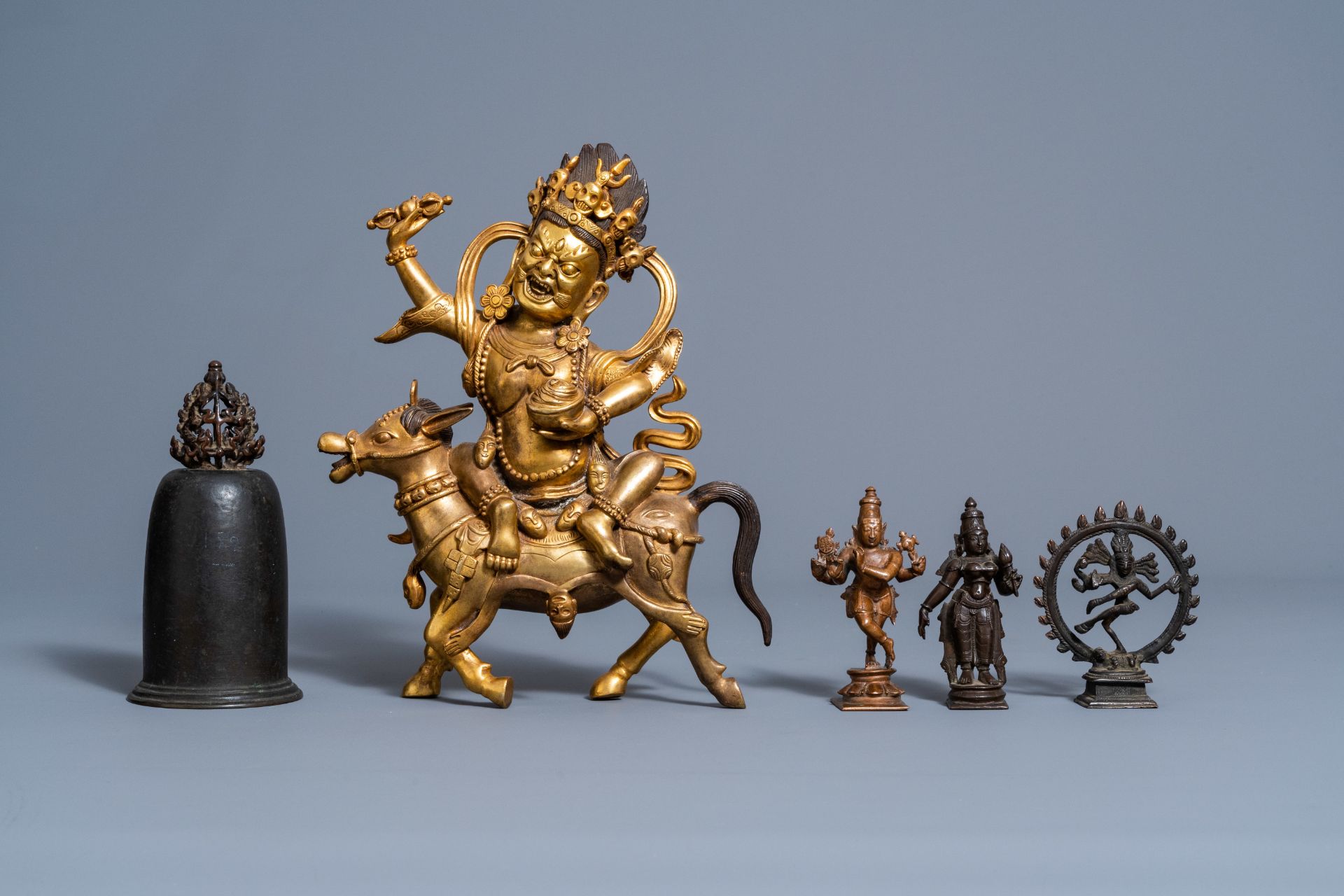 A Sino-Tibetan gilt bronze figure of Mahakala on horseback, a bronze bell and three various Indian s - Image 2 of 7