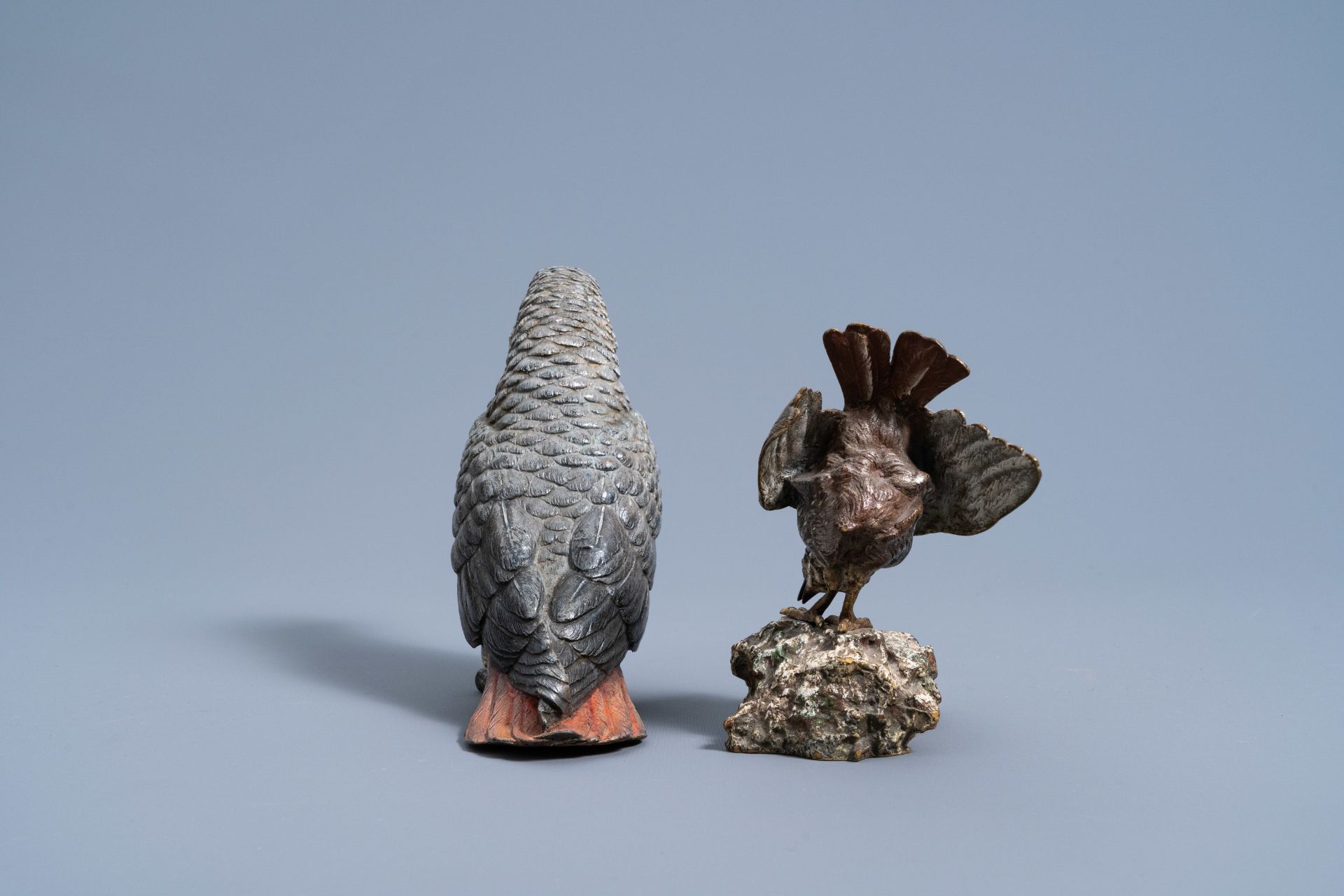 A Viennese polychrome cold painted bronze figure of an African grey parrot and a bird on a rock, 19t - Image 5 of 8