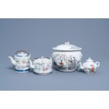 Three Chinese teapots and covers and a bowl and cover in famille rose and qianjiang cai porcelain, 1
