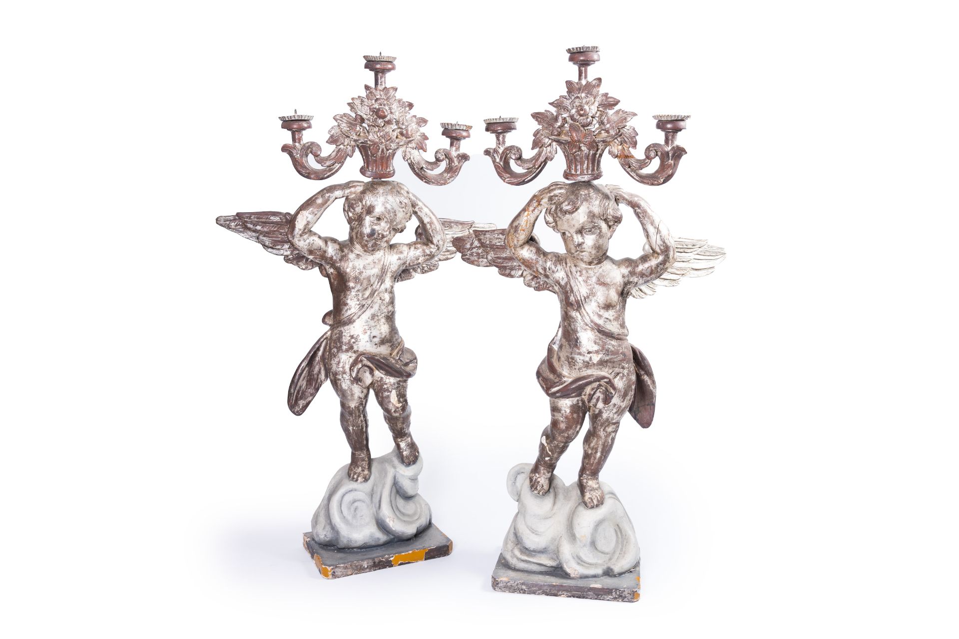 A pair of imposing Italian carved, polychrome painted and silver-plated wood angel shaped candlestic - Image 2 of 17