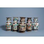 Five Chinese Nanking crackle glazed famille rose and verte vases with warrior scenes, 19th/20th C.