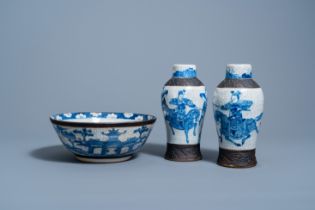 Two Chinese Nanking crackle glazed blue and white 'warrior' vases and a 'landscape' bowl, 19th/20th