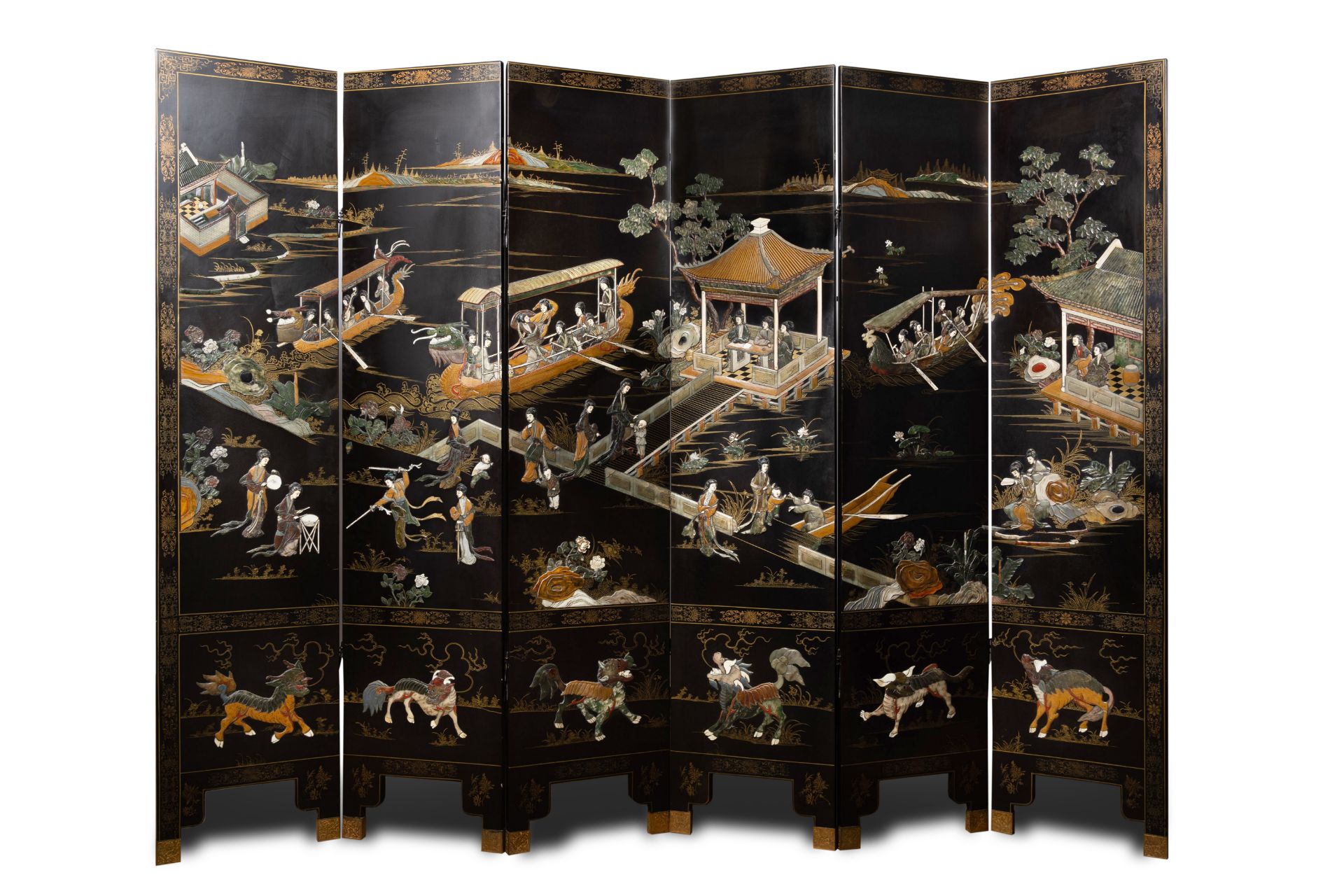 A Chinese six-part folding screen inlaid with bone, mother-of-pearl and various semi-precious stones - Image 4 of 14