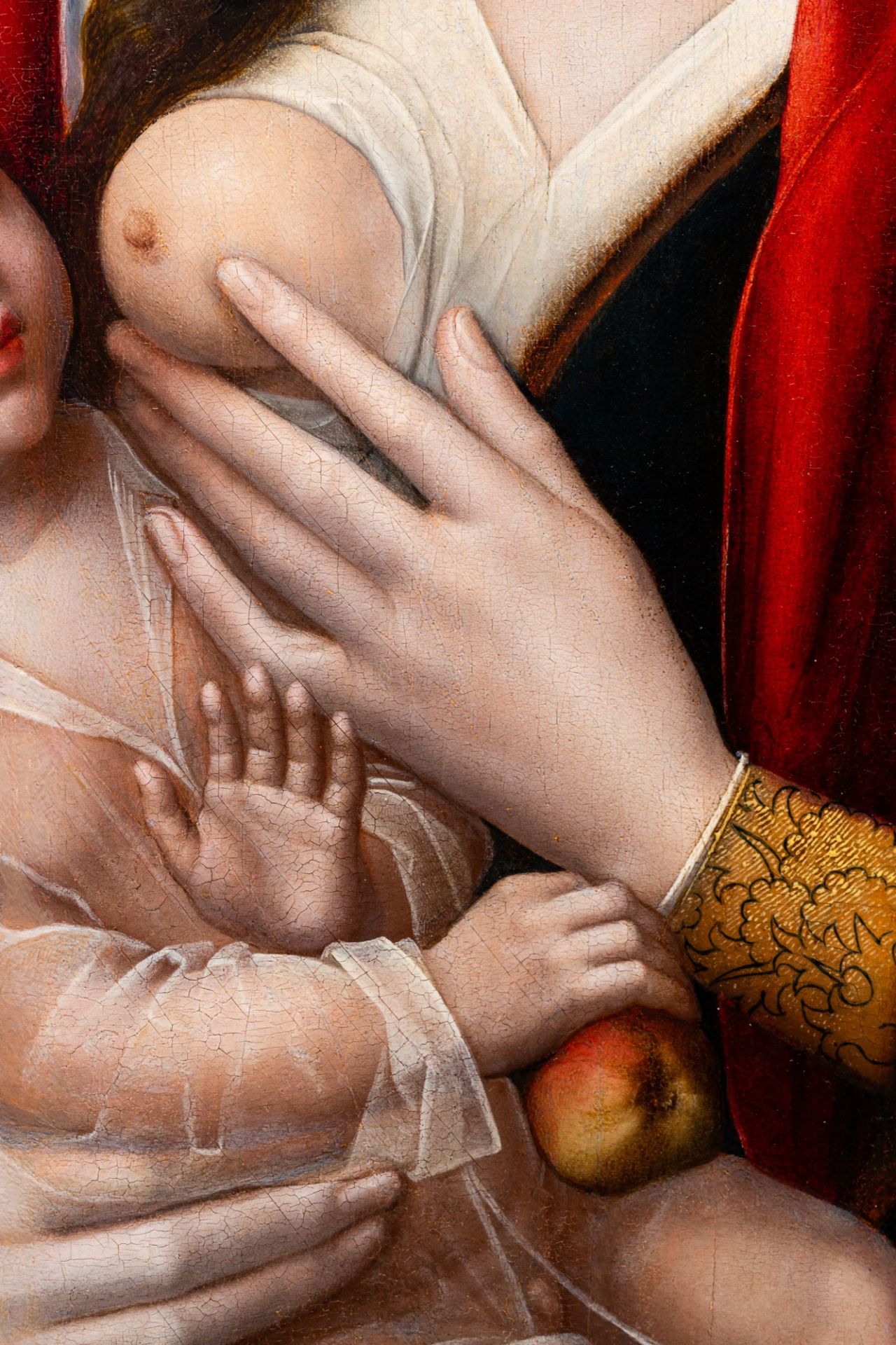 Bruges school: Maria Lactans, oil on panel, mid 16th C. - Image 9 of 12