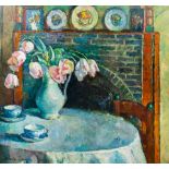 Marie Ingels (1884-1960): Interior with flower vase, oil on board