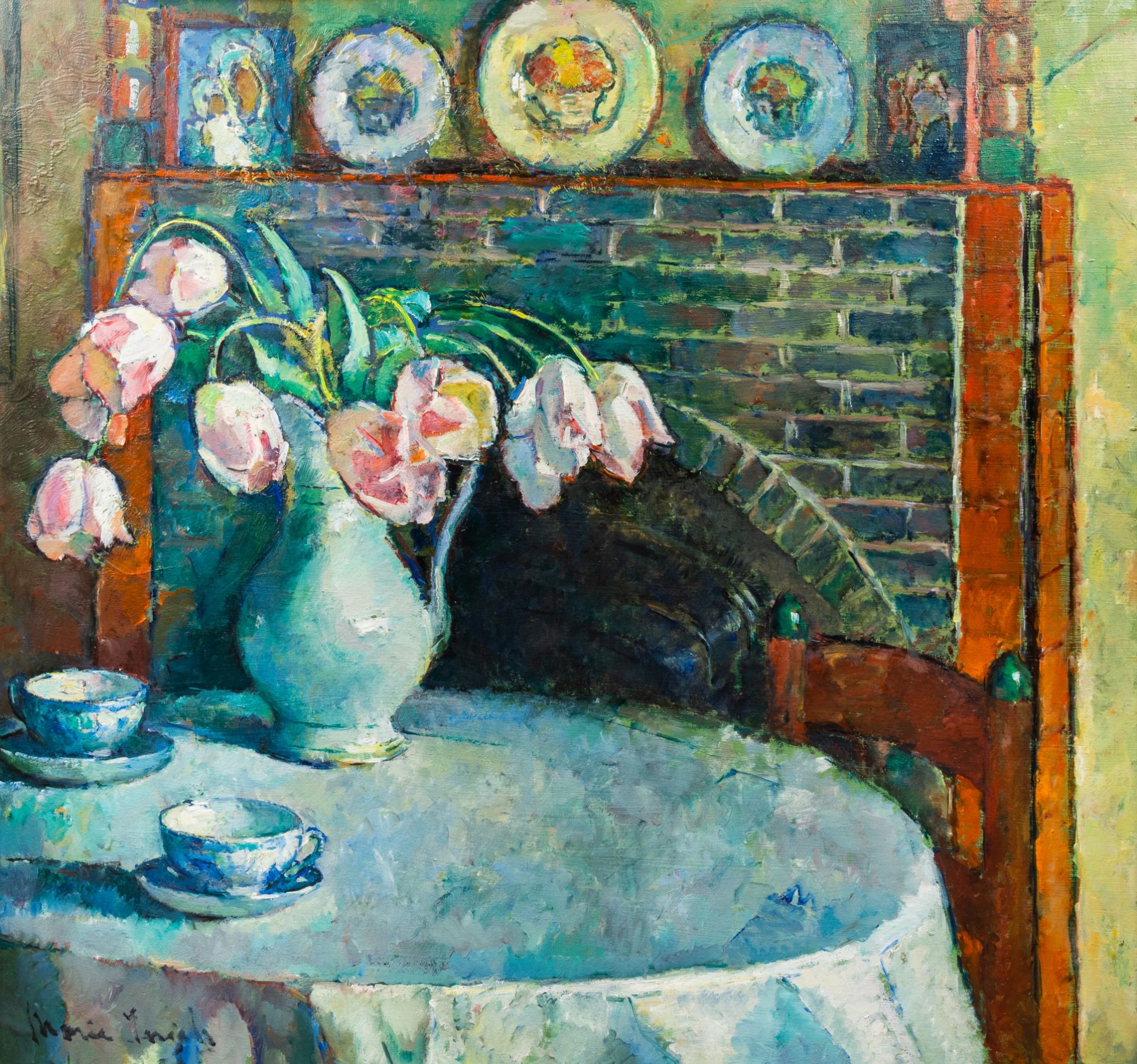Marie Ingels (1884-1960): Interior with flower vase, oil on board