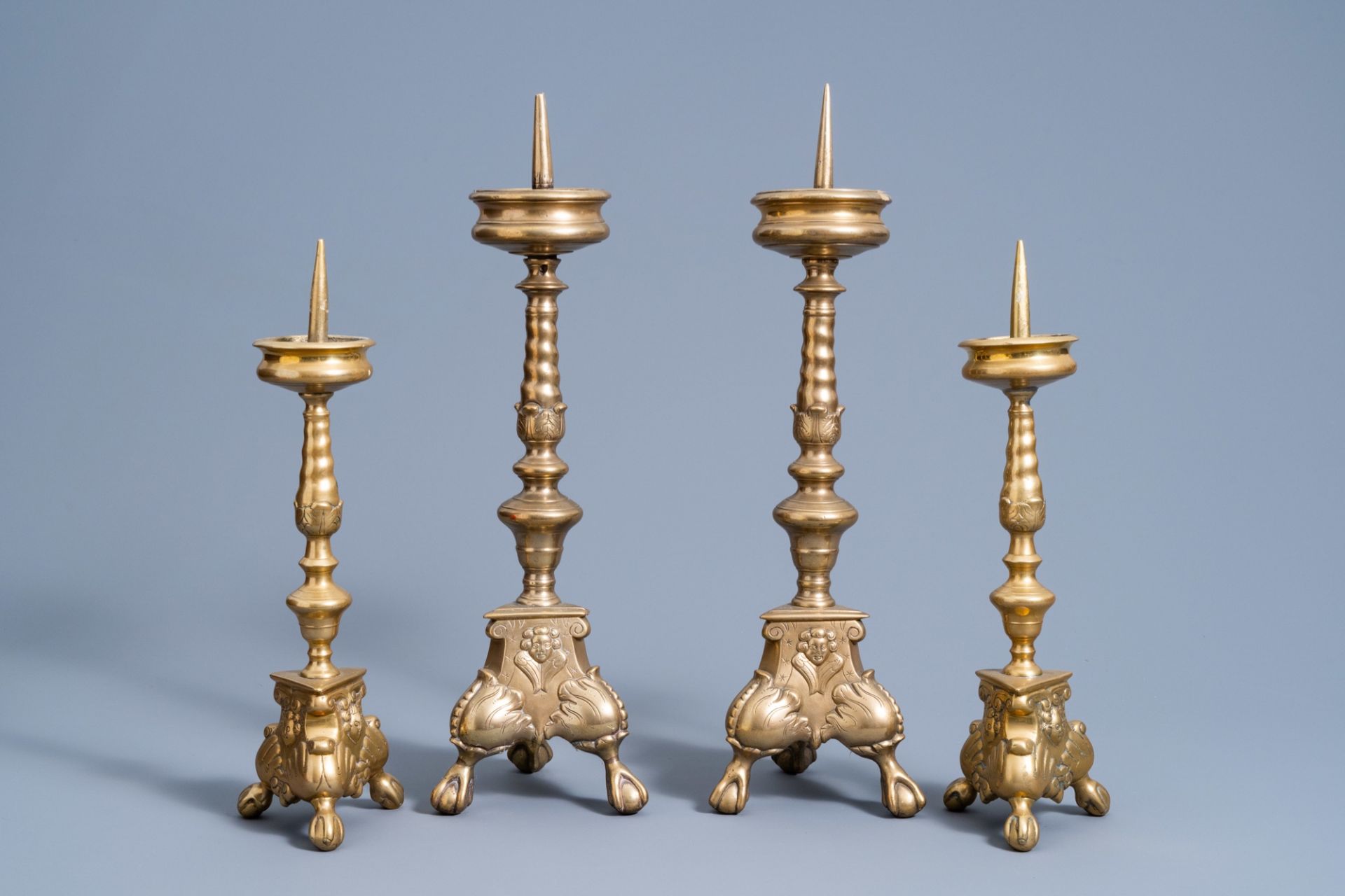 Two pairs of bronze pricket candlesticks, Flanders or The Netherlands, 17th C.