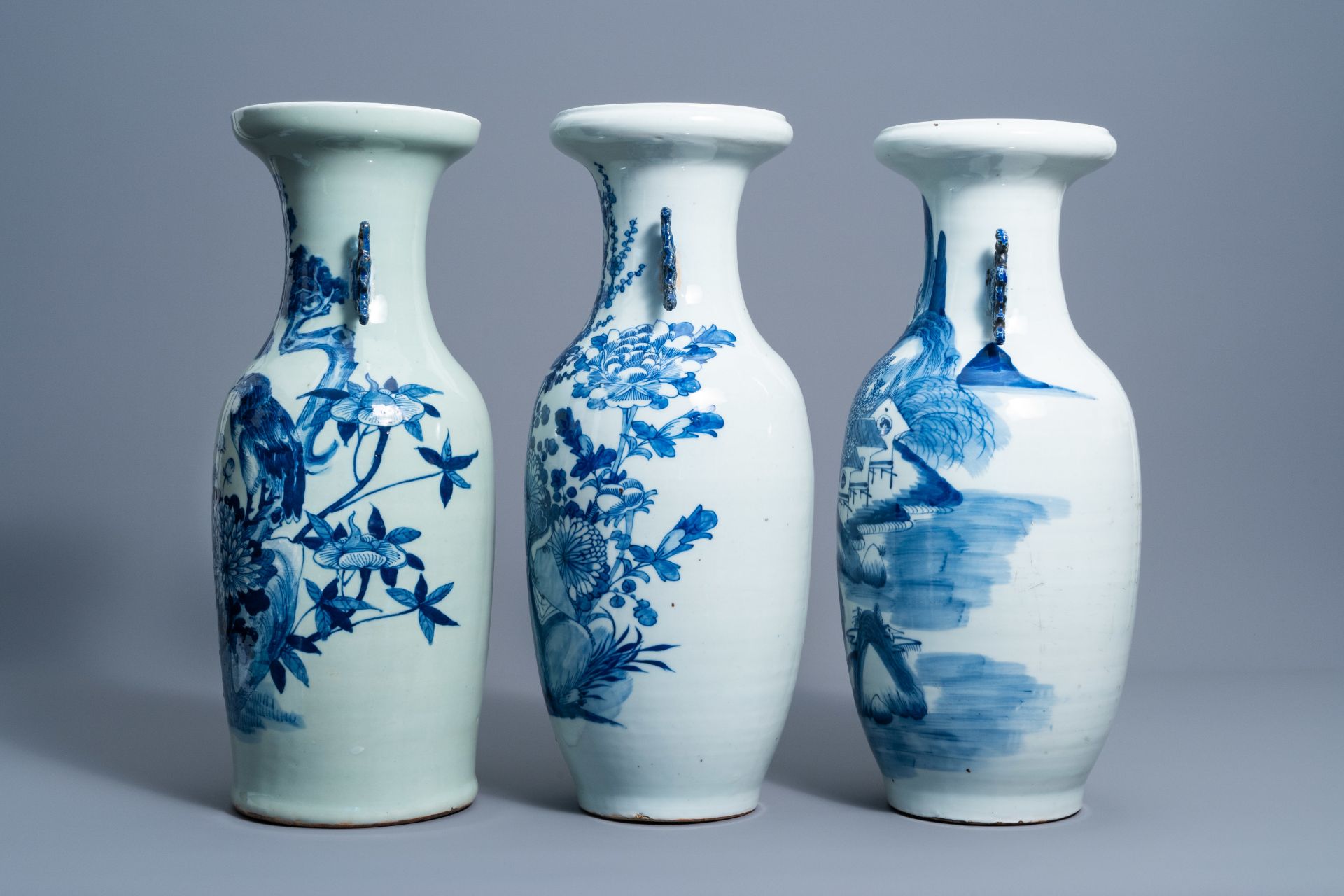 Three Chinese blue and white celadon ground vases with birds among blossoming branches and an animat - Bild 2 aus 7