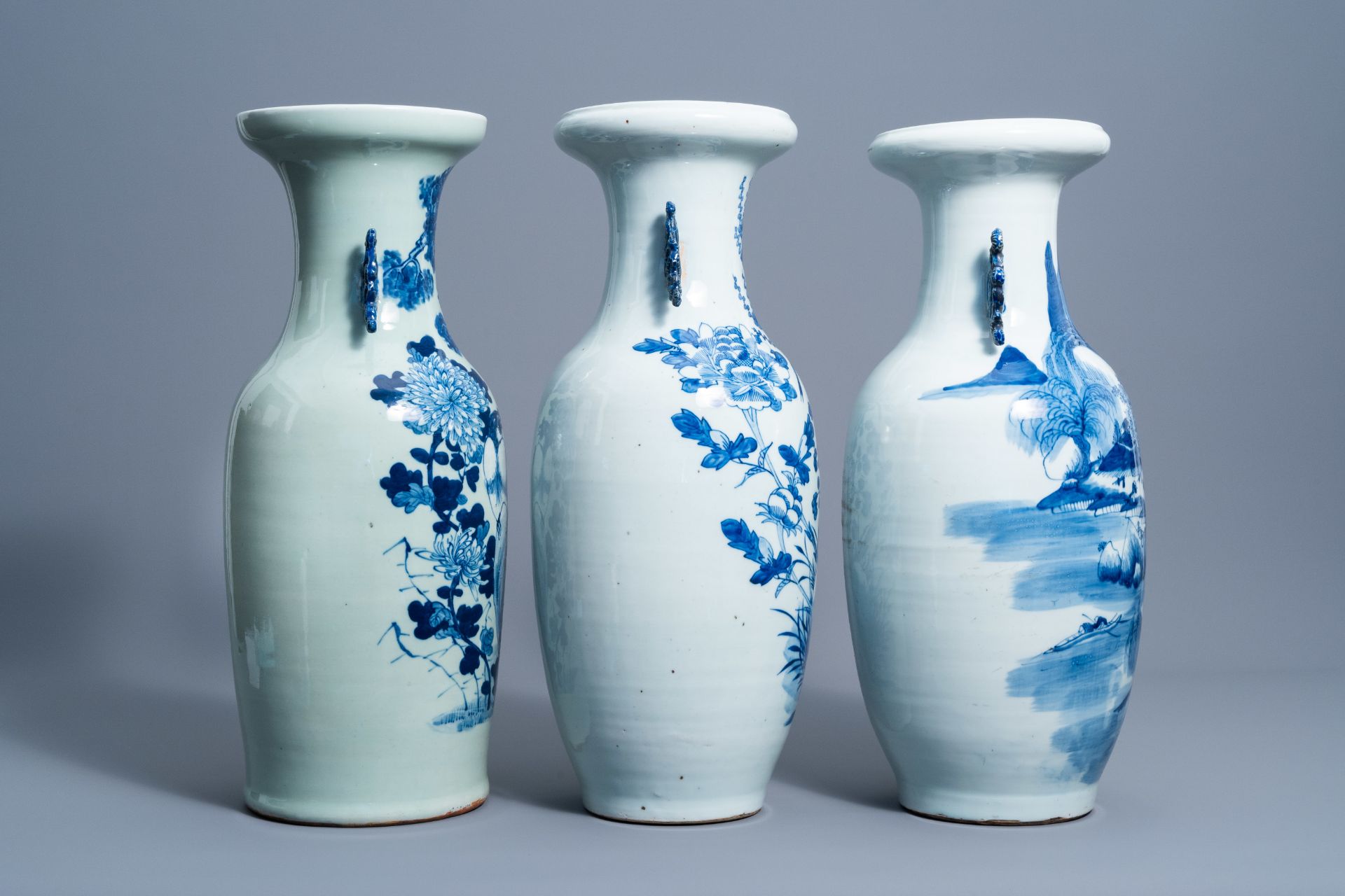 Three Chinese blue and white celadon ground vases with birds among blossoming branches and an animat - Image 4 of 7