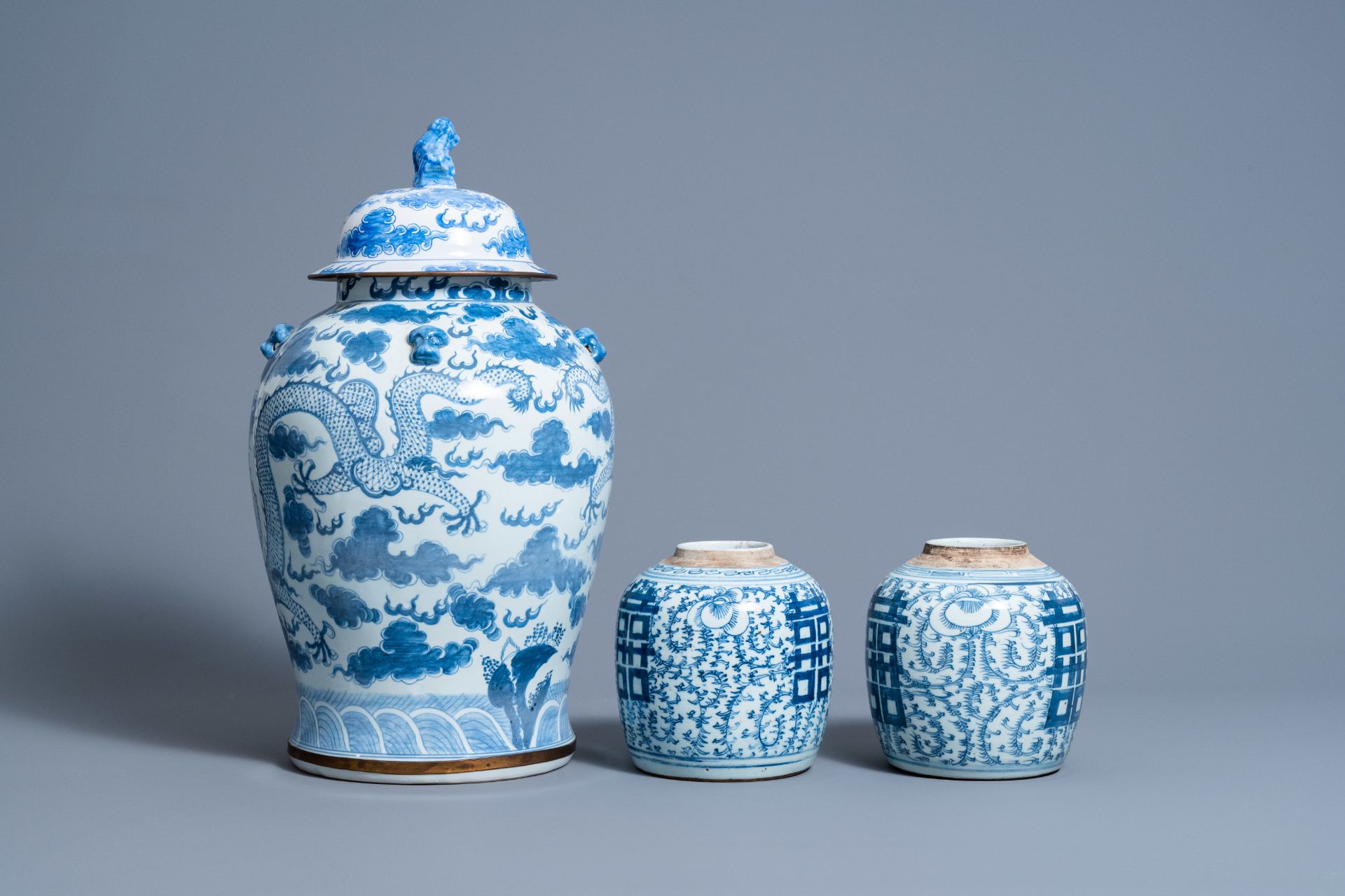 Two Chinese blue and white 'Xi' jars and covers and a 'dragons chasing the pearl' vase and cover, 19 - Image 5 of 9