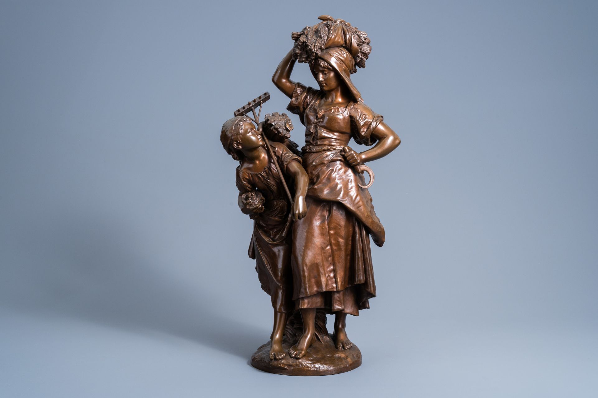 Mathurin Moreau (1822-1912): 'Le retour de la moisson', brown patinated bronze - Image 2 of 9