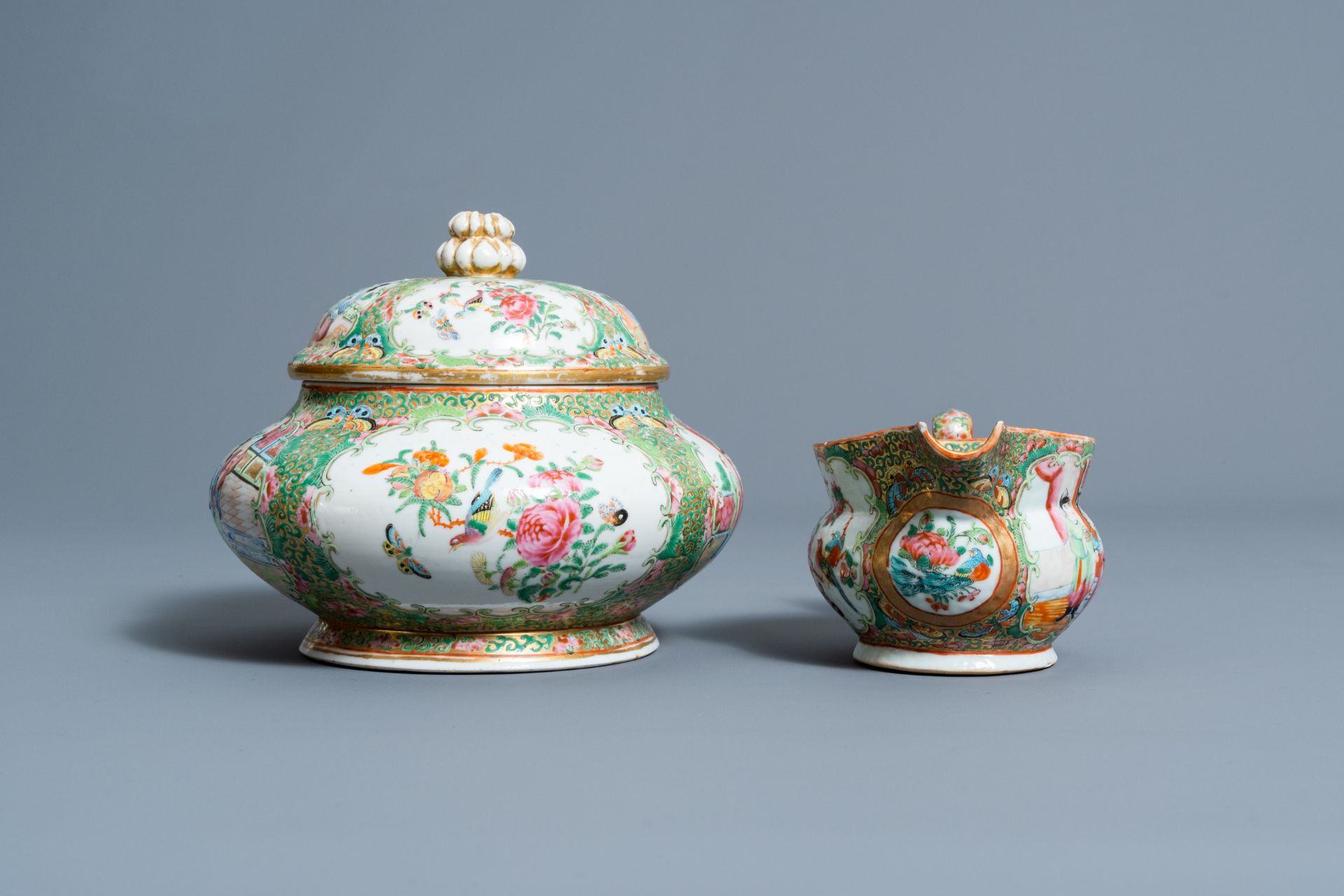 Six Chinese Canton famille rose vases, a jar and cover and a cream jug, 19th C. - Image 11 of 13