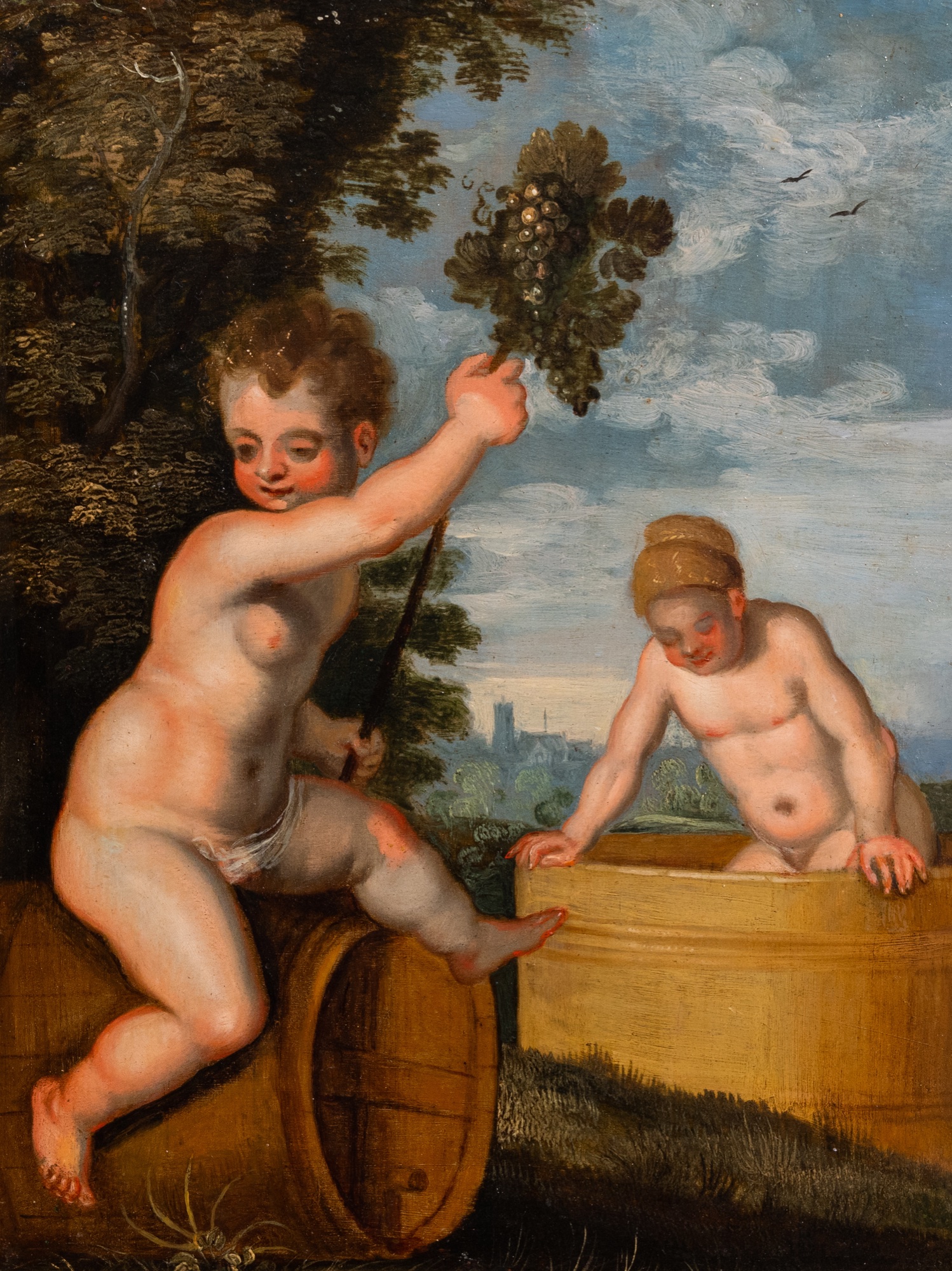 Flemish school: Pressing the grapes, oil on copper, 17th C.