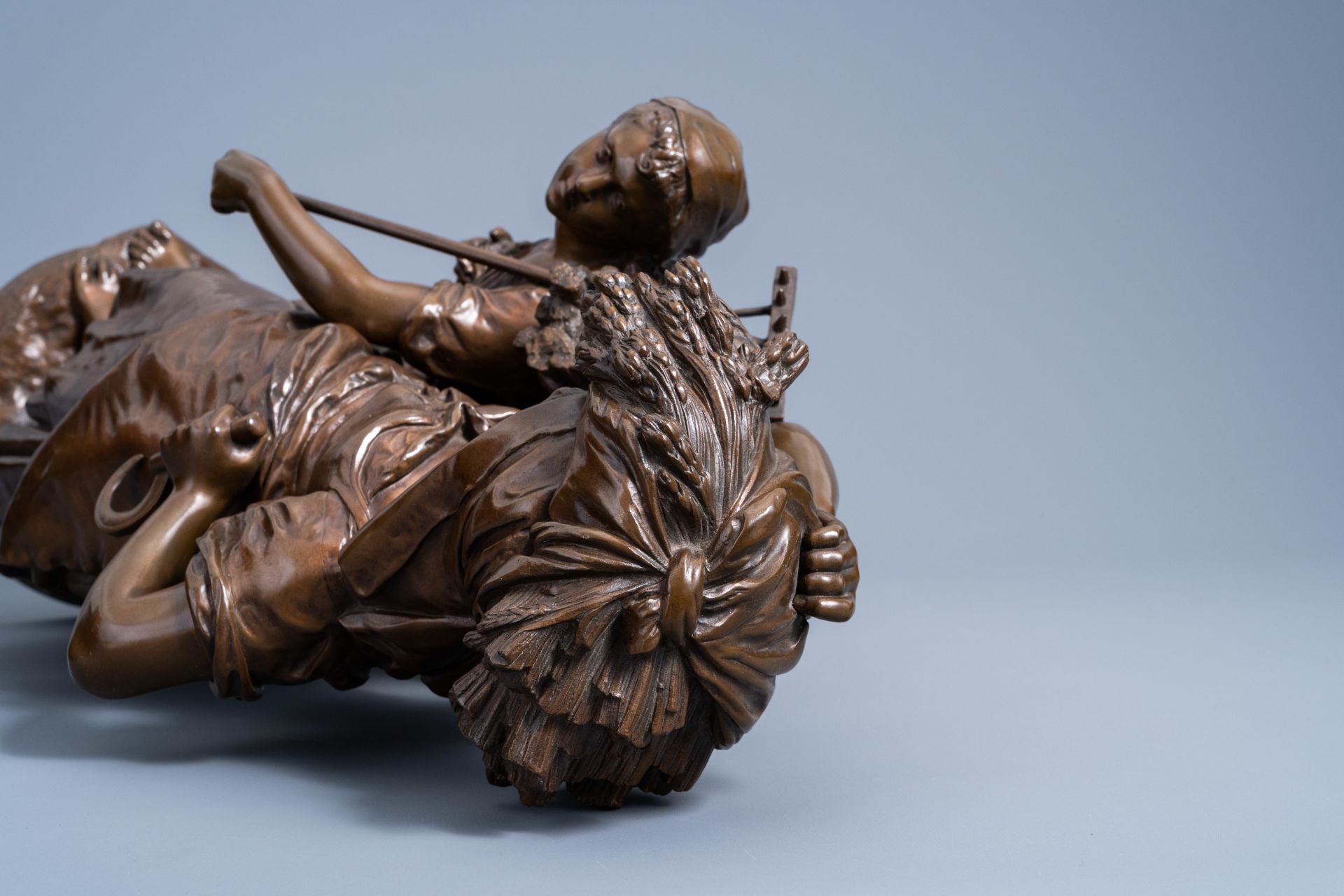 Mathurin Moreau (1822-1912): 'Le retour de la moisson', brown patinated bronze - Image 7 of 9